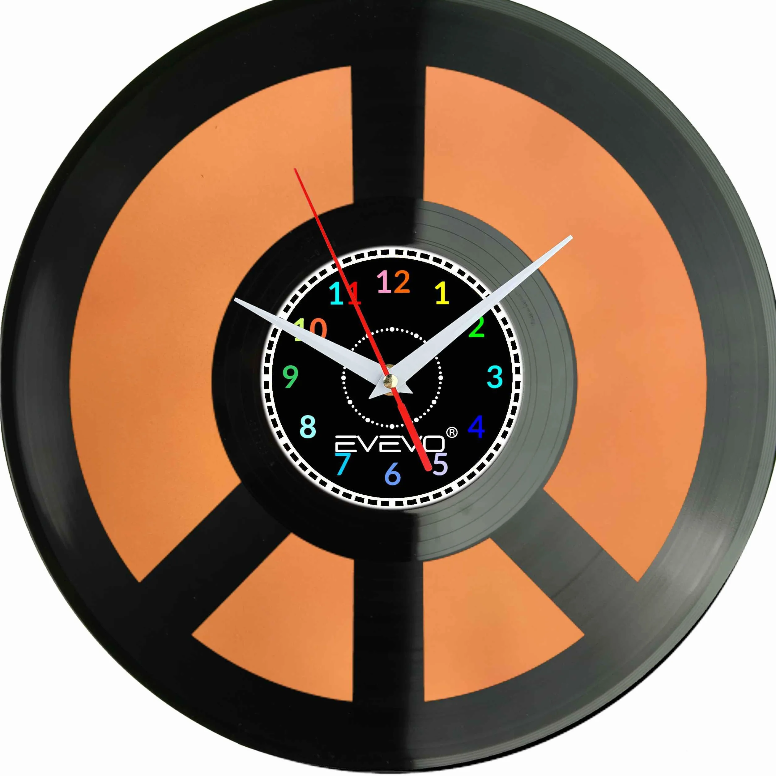ZEGAR ŚCIENNY PEACE ZNAK POKOJU PACYFIZM FLUORESCENCYJNE TŁO PŁYTA WINYLOWA PREZENT UPOMINEK URODZINY GIFT SOUVENIR EVEVO F0040