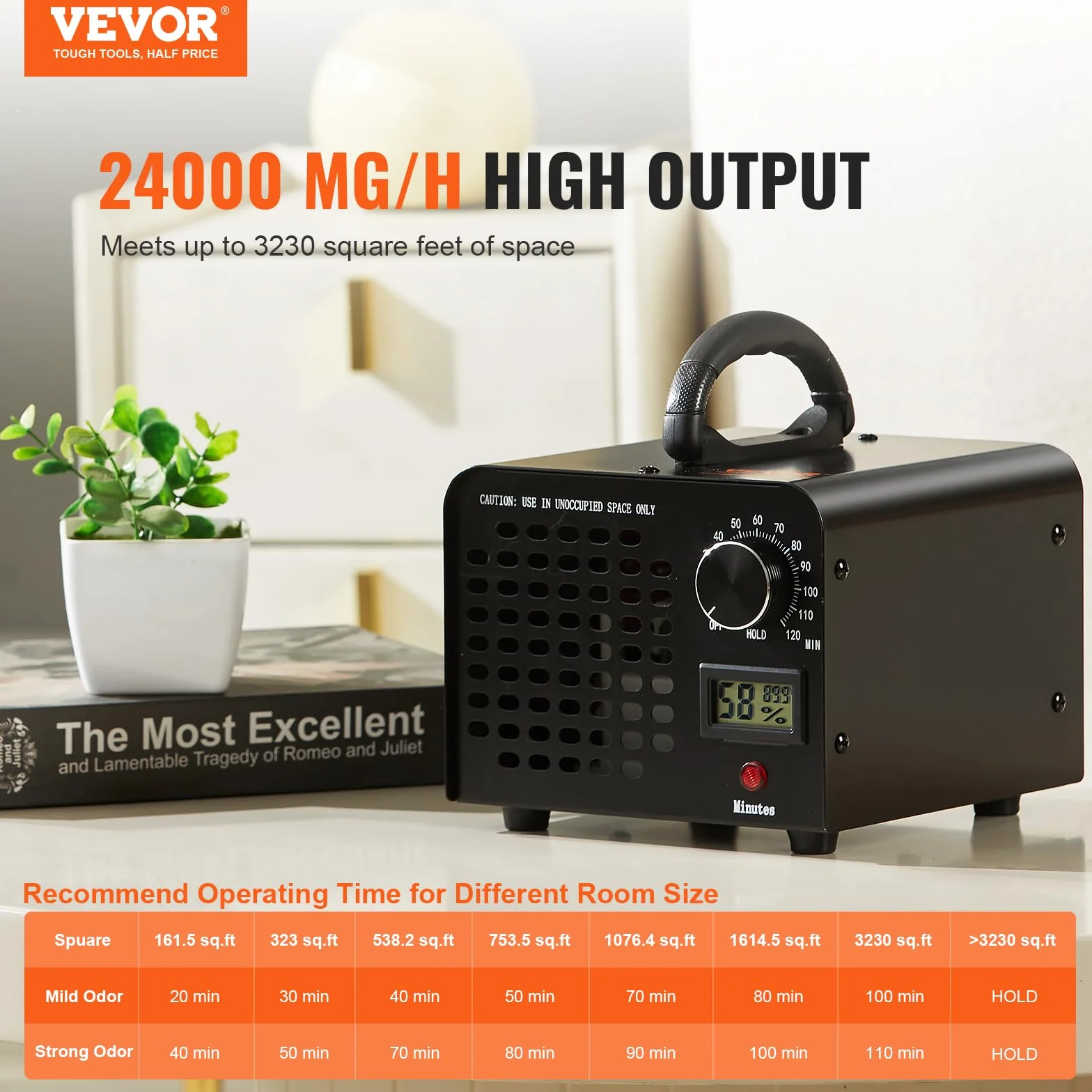 VEVOR Generator ozonu Oczyszczacz powietrza 24000 mg/h O3 Generator do usuwania komercyjnych zapachów przemysłowych 100 W o dużej pojemności, timer 0-120 min do pomieszczeń, samochodów, zwierząt