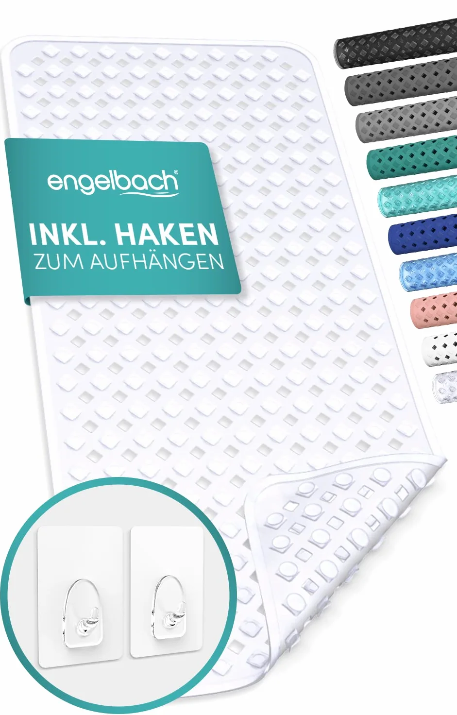 Engelbach® Mata do wanny antypoślizgowa 88x40 cm z 2 haczykami do suszenia – 100% wolna od BPA, odporna na pleśń, nadaje się do prania w pralce, Przezroczysty