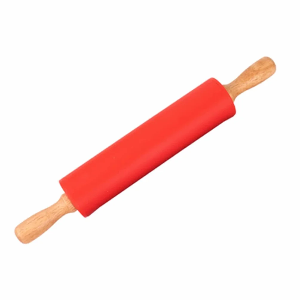 wałek do ciasta, 39 * 5 cm silikonowy wałek do ciasta z nieprzywierającą drewnianą rączką pieczenia i gotowania(Red,S:22.5 cmx4 cm)
