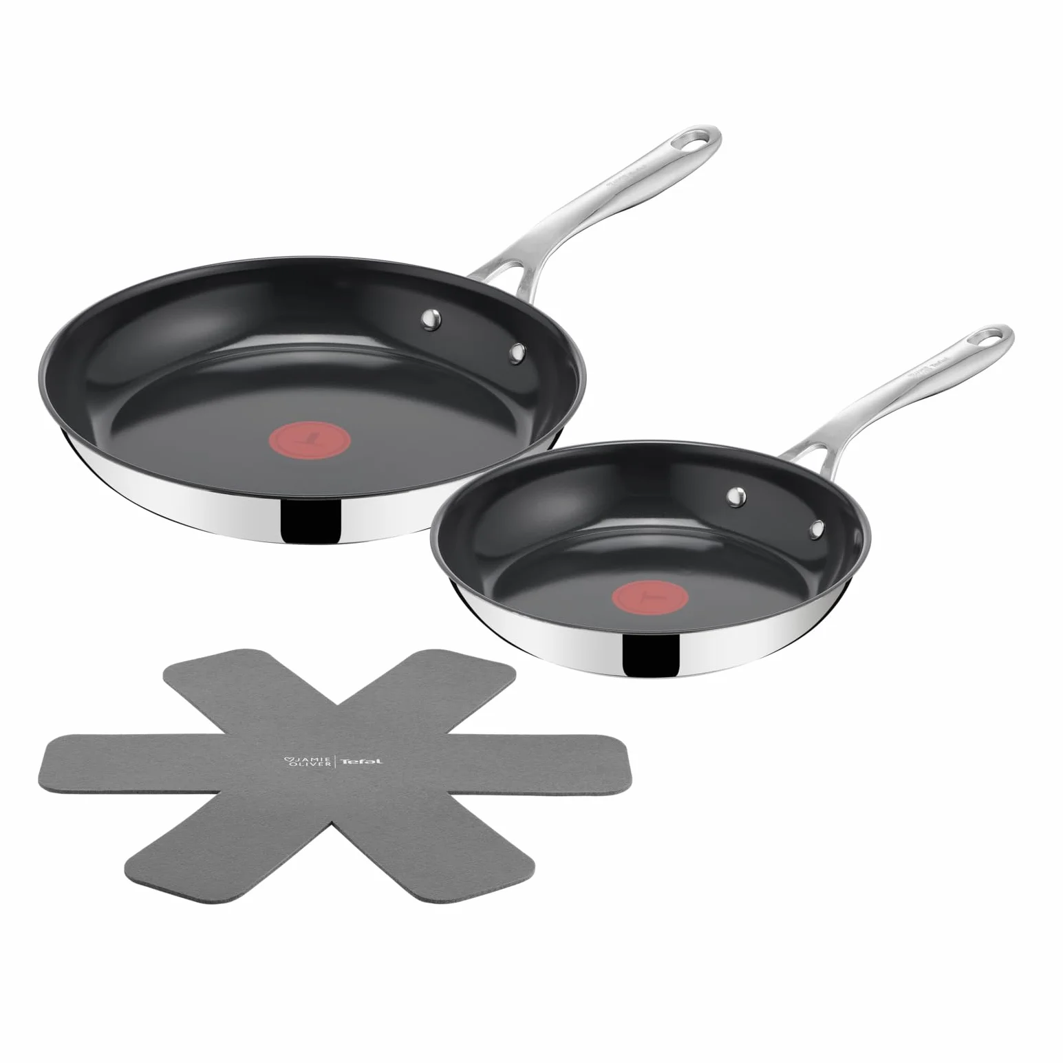 TEFAL H880S234 Jamie Oliver, zestaw, patelnie 24/28 cm, stal nierdzewna, powłoka ceramiczna, nieprzywierająca, Thermo Signal, nitowany uchwyt, podkładka z filcu, do wszystkich kuchenek, srebrny/czarny