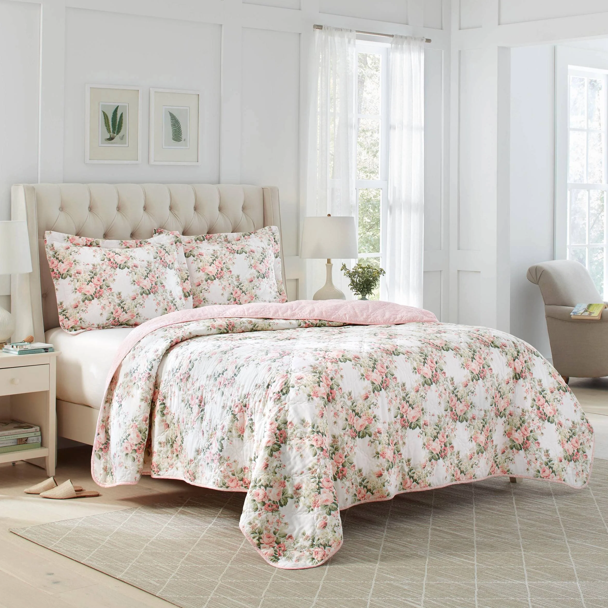 Laura Ashley Bawełniany dwustronny zestaw pościeli, całoroczny wystrój domu domku, Joyce różowy/biały, podwójny
