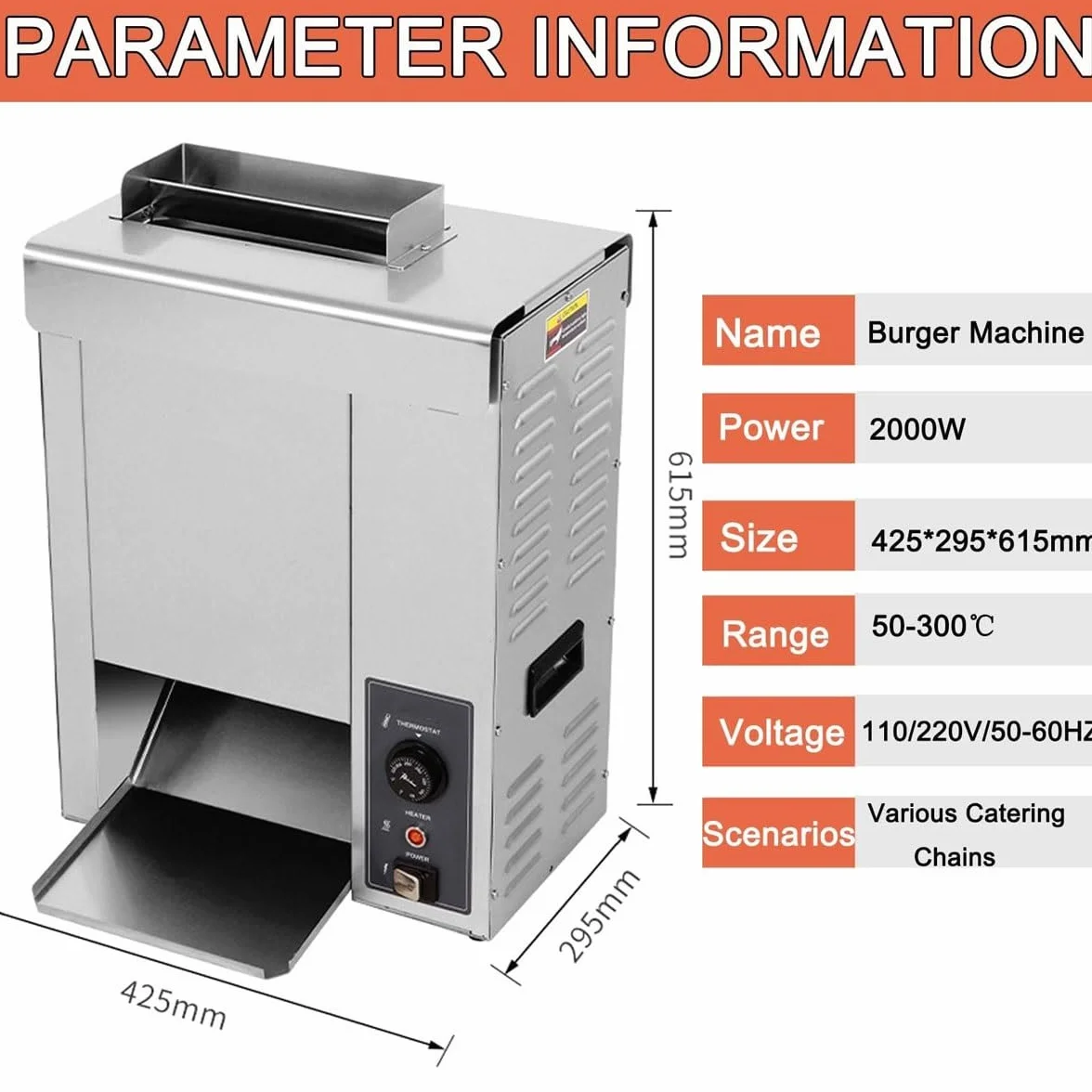 Elektryczny pionowy toster hamburgerów mocy 2kW,regulowana 50–300℃ | Komercyjna maszyna bułek burgerów,regulacja grubości,równomierne ogrzewanie,nieprzywierająca płyta do pieczenia