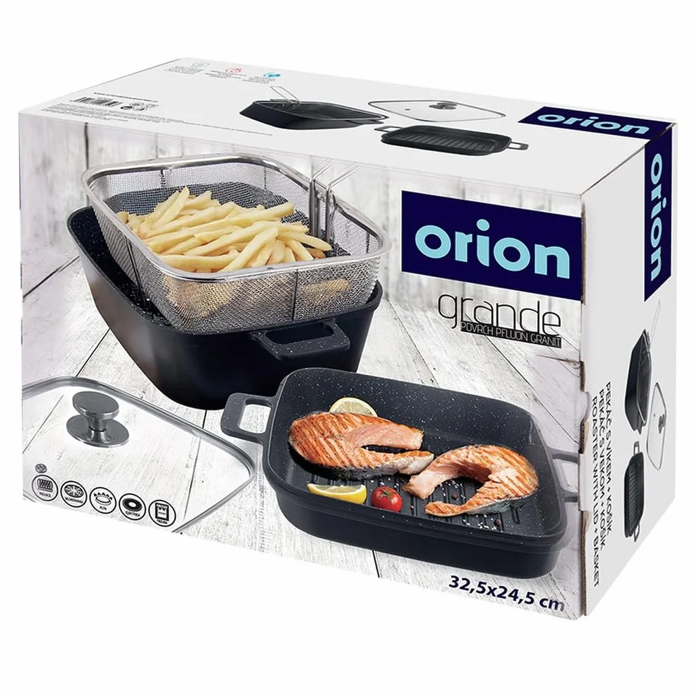 Orion Grande 4-częściowy zestaw garnków granitowych ze szklaną pokrywką, patelnią do grillowania i koszem do smażenia, garnek do gotowania 4,5 l i patelnia 2 l, indukcja i piekarnik, powłoka