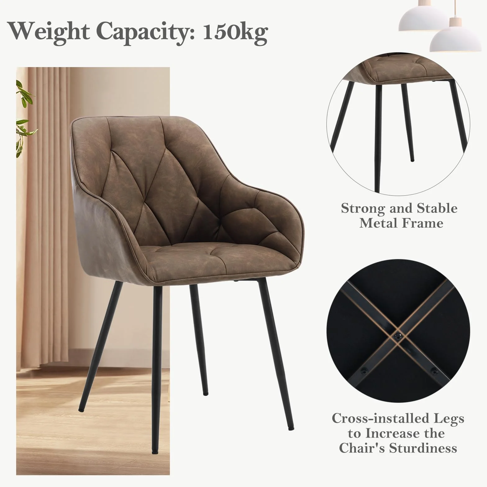 WOLTU 2 x krzesło do jadalni, kuchni, ergonomiczny fotel, krzesło z podłokietnikami, krzesło tapicerowane, siedzisko ze sztucznej skóry w stylu vintage, metalowe nogi, ciemnobrązowy, EZS03dbr-2