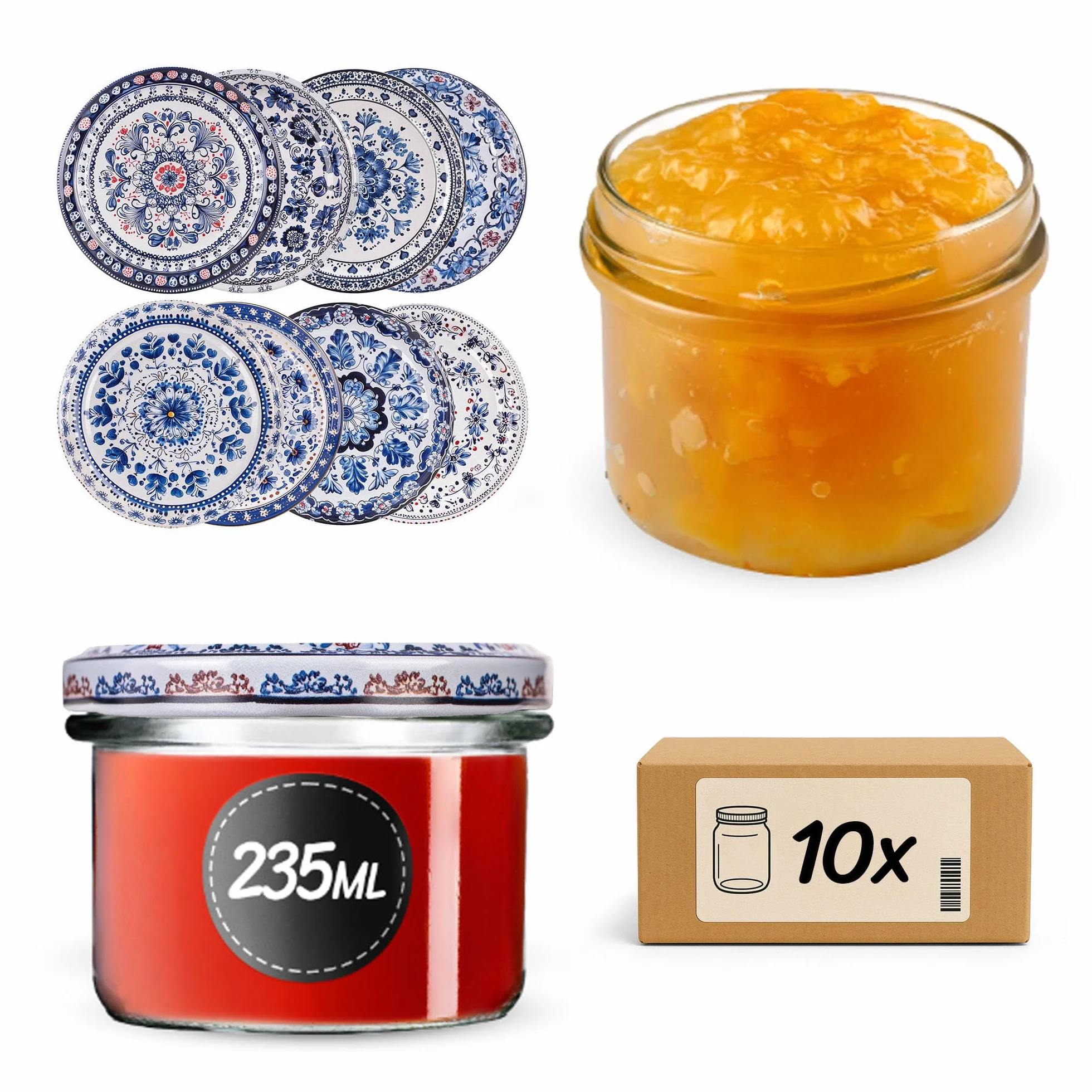 KADAX Zestaw 10 słoików na dżem, 235 ml, z zakręcanymi pokrywkami, w kolorze niebieskim/białym, Ø 82 mm – słoiki na dżem, chutney, marynowane warzywa, pasztety, kiełbasy, mięso, jedzenie dla niemowląt