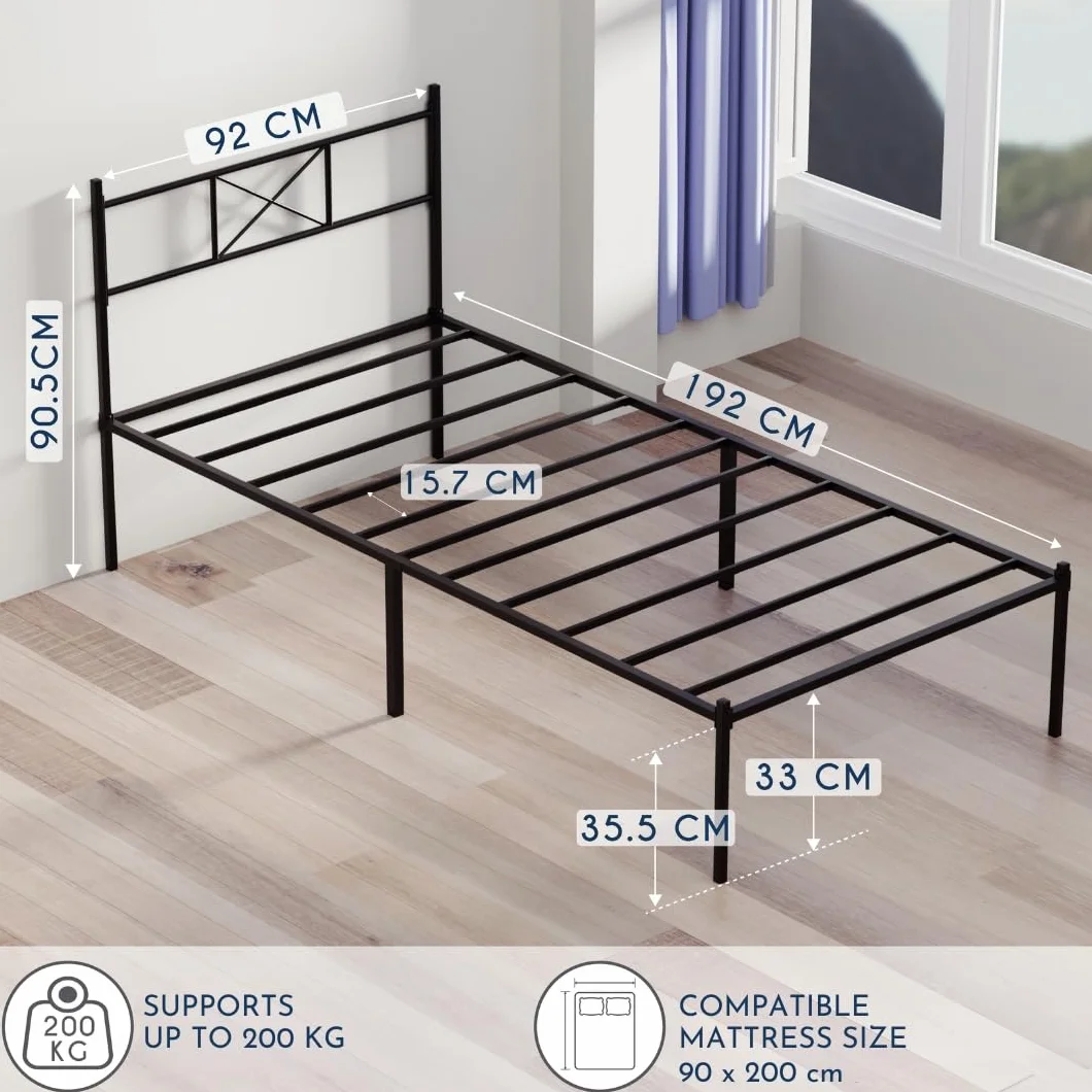 Rama łóżka Dreamzie 90x200 - Łóżko metalowe z zagłówkiem - Wysokość 35 cm - Łatwy montaż i przestrzeń do przechowywania