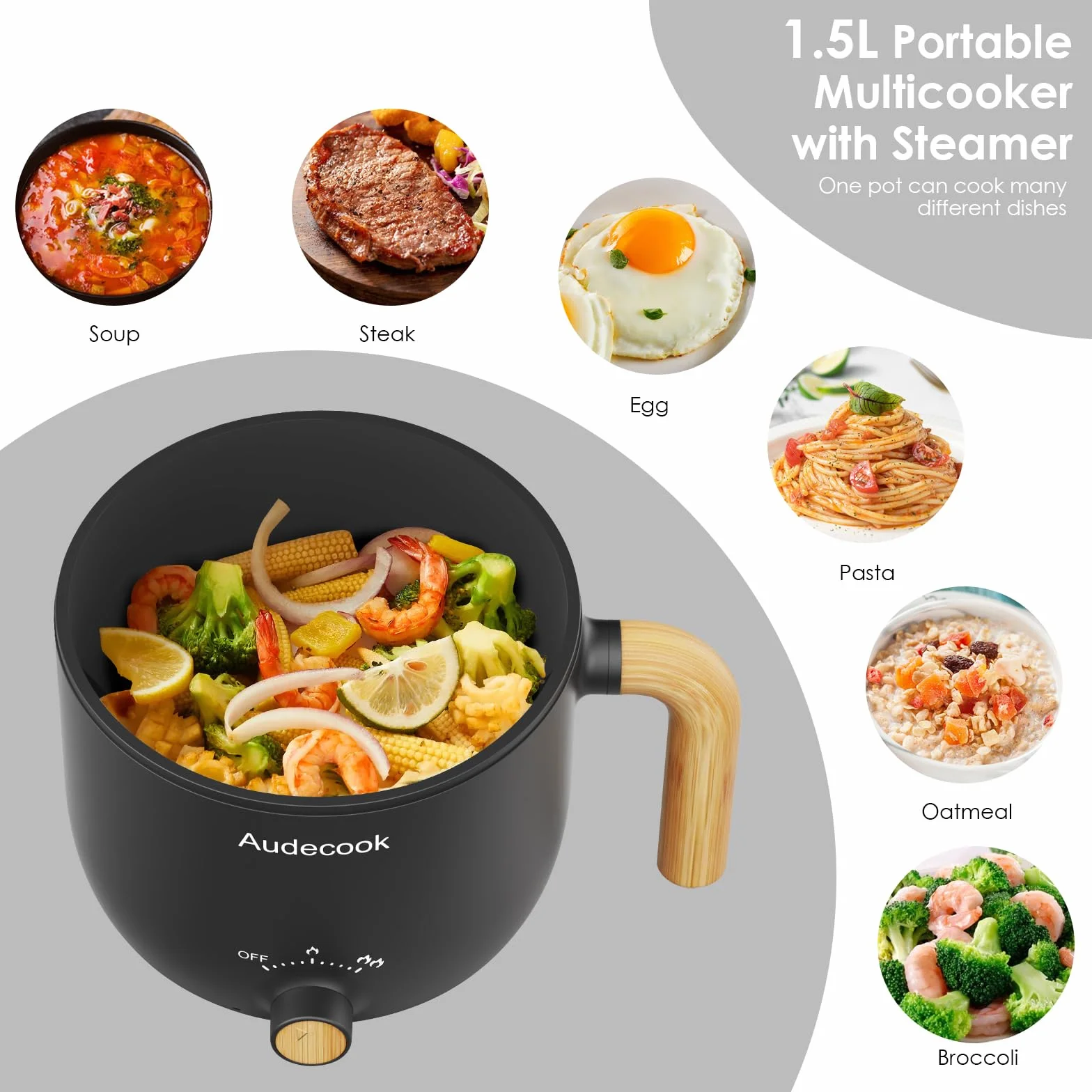 Audecook Elektryczna patelnia Hot Pot, 1,5 l, przenośna, nieprzywierająca, szybka, patelnia podróżna z podwójnym sterowaniem mocy, do steków/makaronów/zupy/jajka/owsa