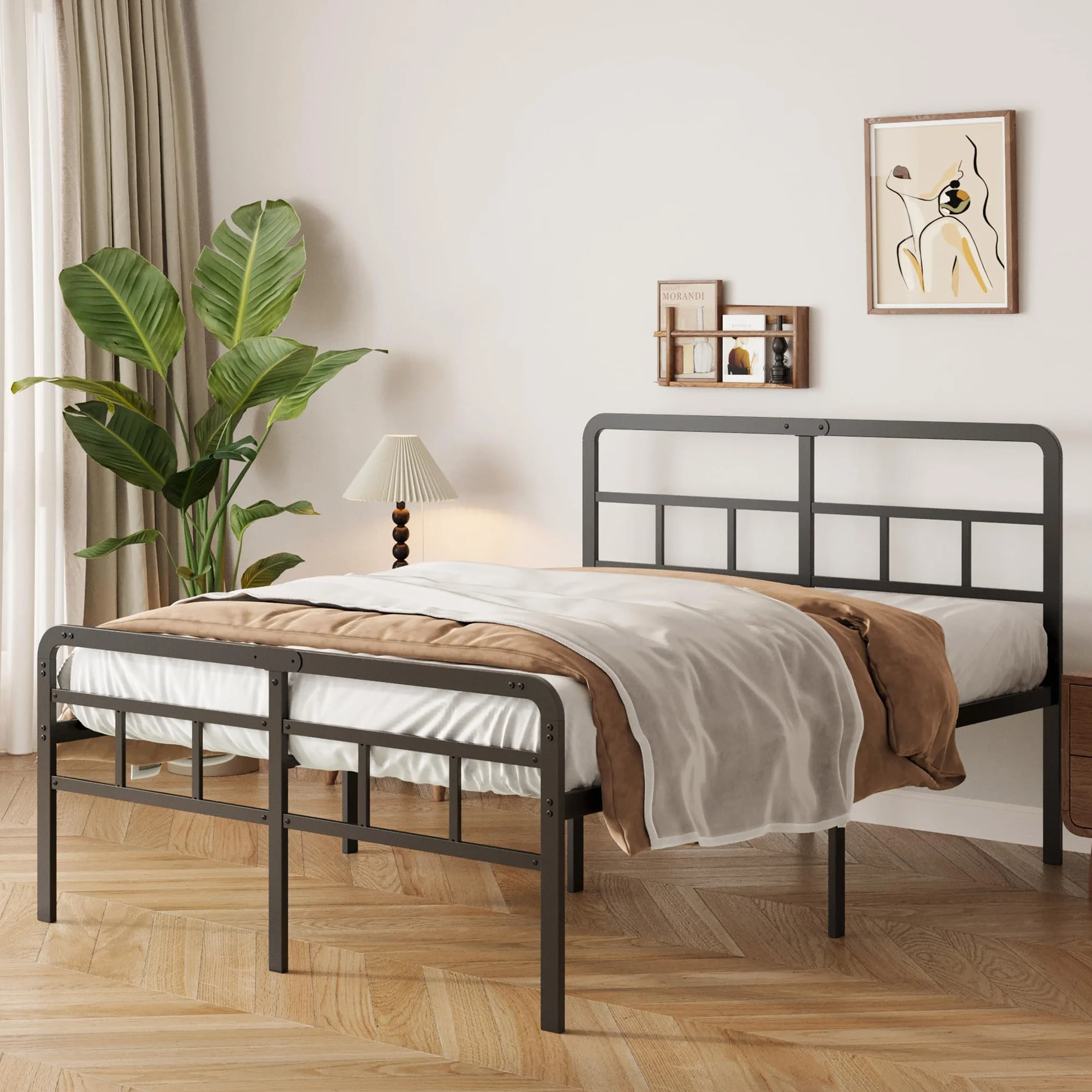 Yicensen Metalowa ramka łóżka 140x200 cm z zegarzkiem i poduszkiem łóżka, ramka metalowa o wysokości 46 cm z mocnym wspornikiem, miejsce na magazynowanie pod łóżkiem