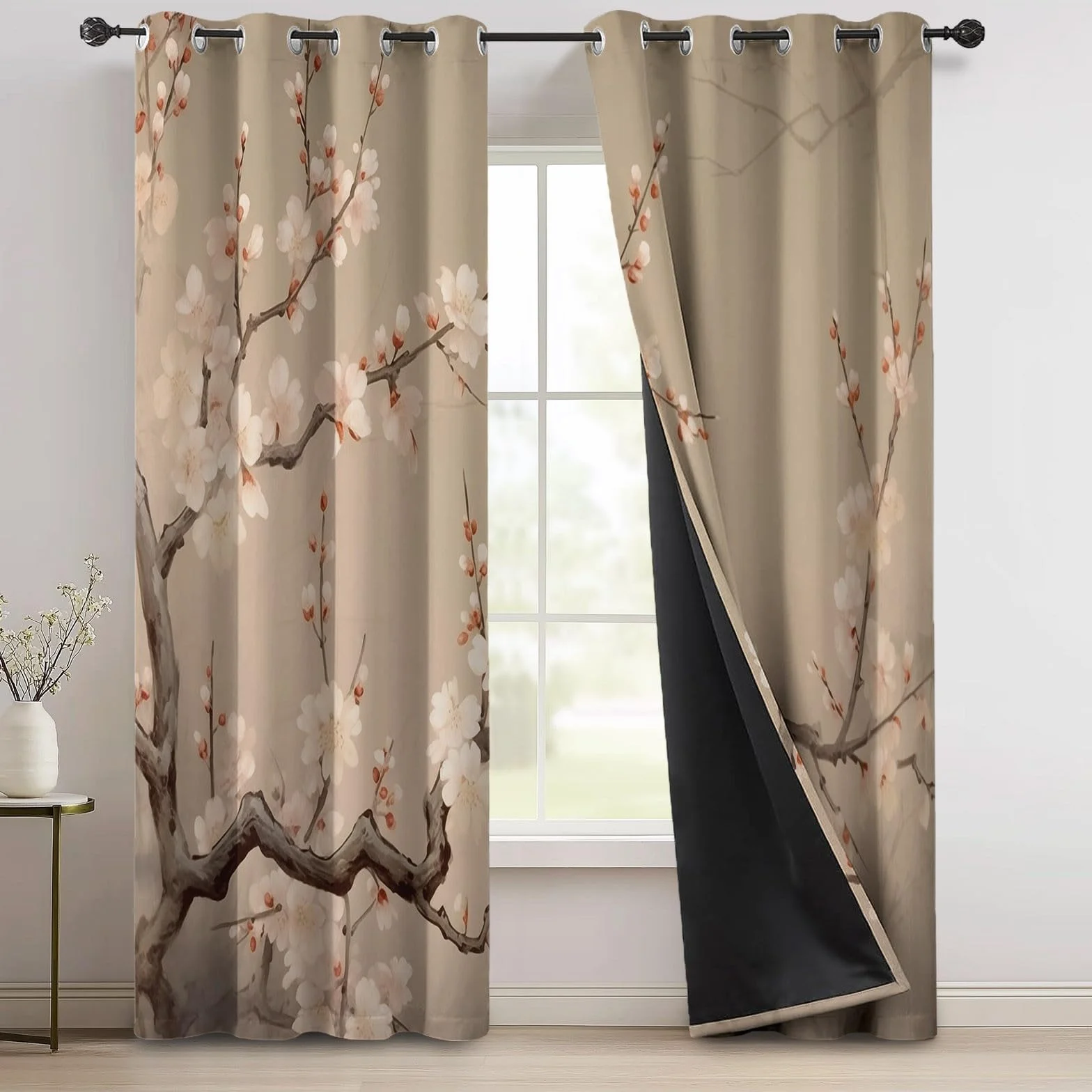 Zasłony zaciemniające do sypialni szer. 168 cm x dł. 183 cm (2 panele) tradycyjny chiński styl, białe kwiaty śliwy, zasłony na przelotkach do salonu, izolacja termiczna, zasłony okienne do jadalni