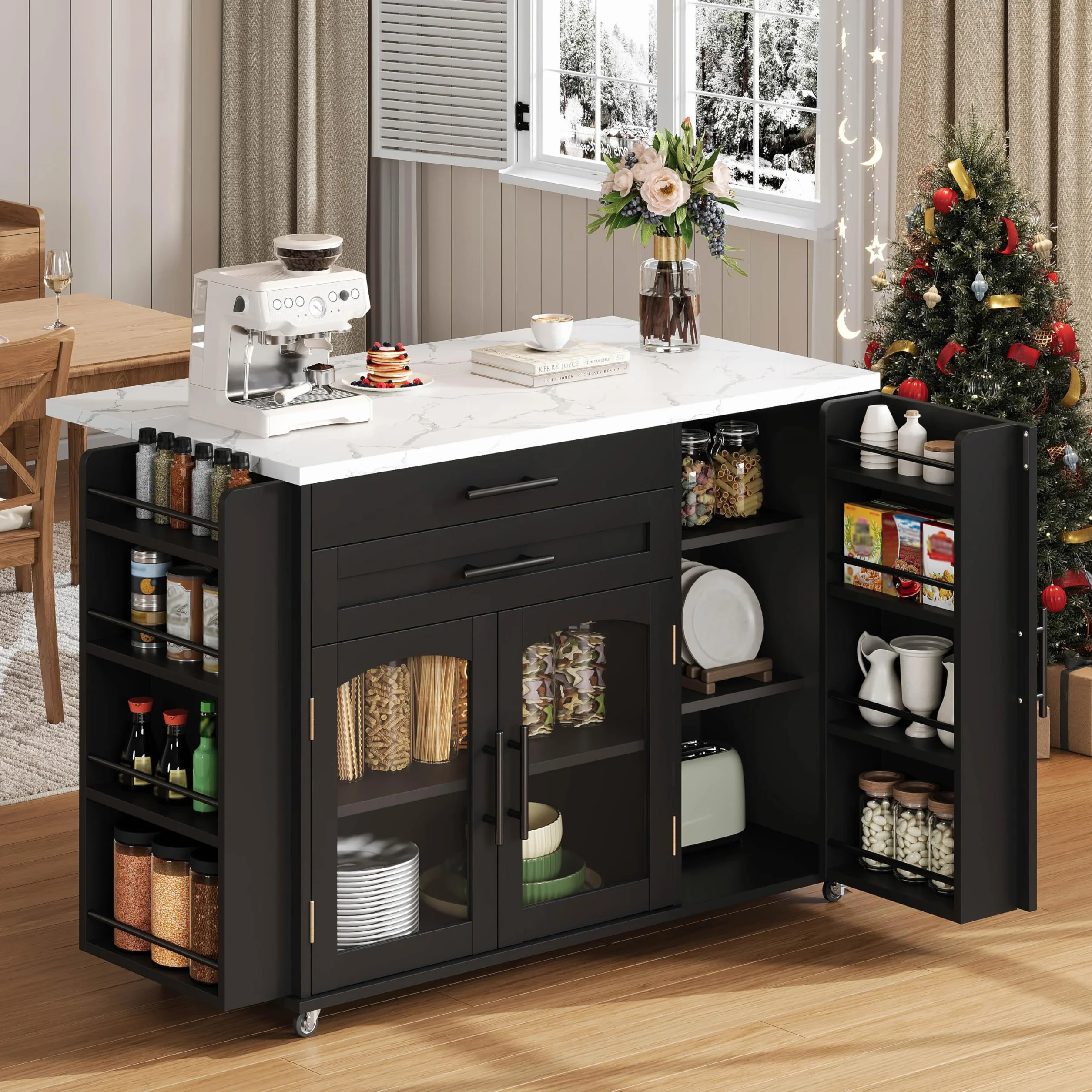 Mobilna wyspa kuchenna, wolnostojąca, 120 x 45 (70) x 90 cm, wózek kuchenny z rolkami, ze składanym obszarem roboczym, regał na przyprawy, drzwi szafy, organizer do szuflady na sztućce, do kuchni
