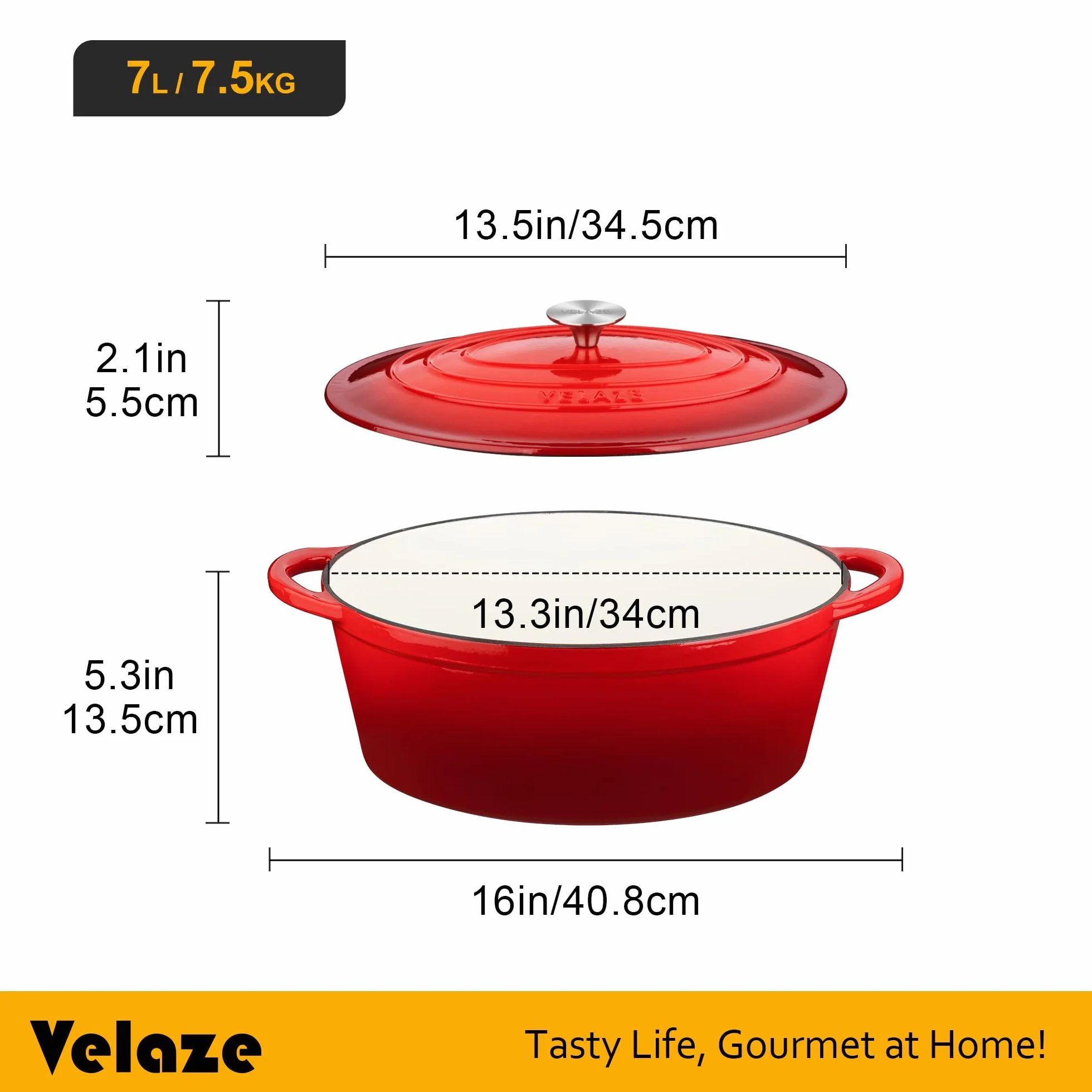 Velaze Owalna żeliwna brytfanna z pokrywką 34 cm, emaliowany garnek 7 l, forma do pieczenia chleba z pokrywką, garnek do duszenia nadaje się do wszystkich rodzajów kuchenek