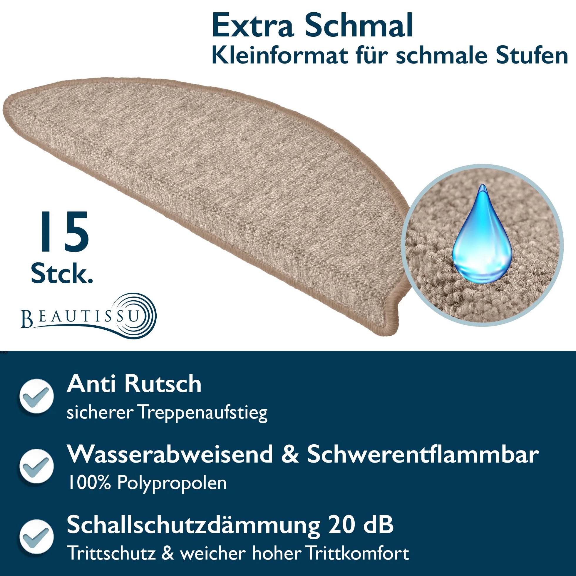 Beautissu Maty na schody 55x15 cm – 15 sztuk Wąskie schody Maty na stopnie Samoprzylepne Wewnętrzne Maty na schody Maty na stopnie Dywan Schodowa dywanka Półokrągła Piasek – ProStair