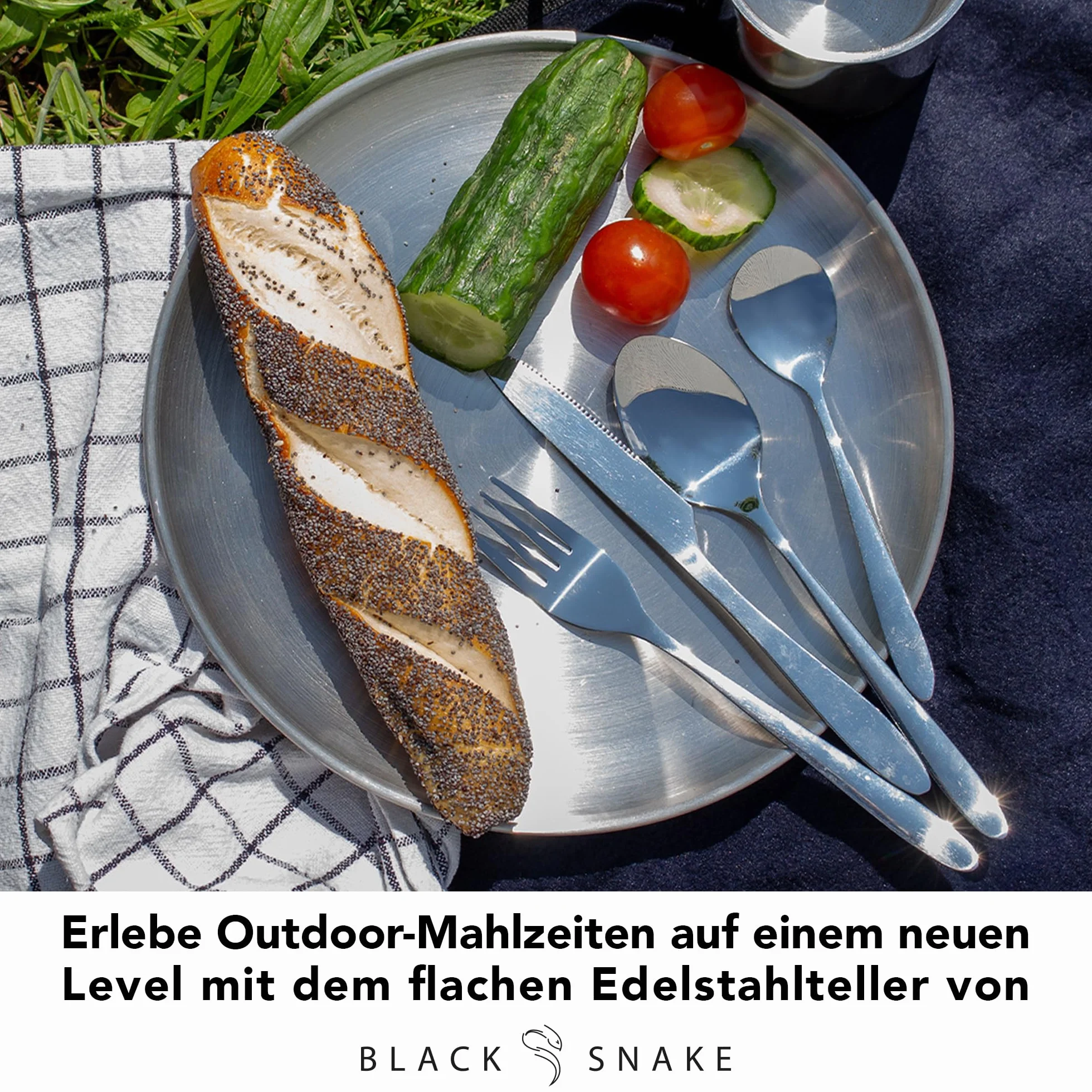 Black Snake Talerze kempingowe ze stali nierdzewnej, Ø 23 cm, zestaw 4 sztuk, srebrne | Płaskie talerze outdoorowe, na piknik, trekking i podróże, wytrzymałe, nierdzewne, łatwe w pielęgnacji