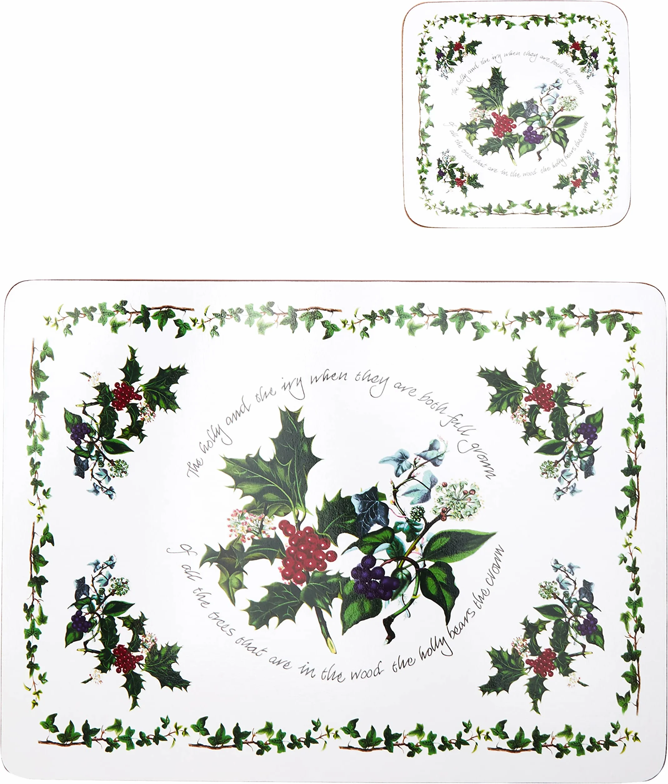 Pimpernel Ostrokrzew i bluszcz, zestaw 6 podkładek i zestaw 6 podstawek, drewno z korkowym spodem, 30,5 x 23 cm i 10,5 x 10,5 cm