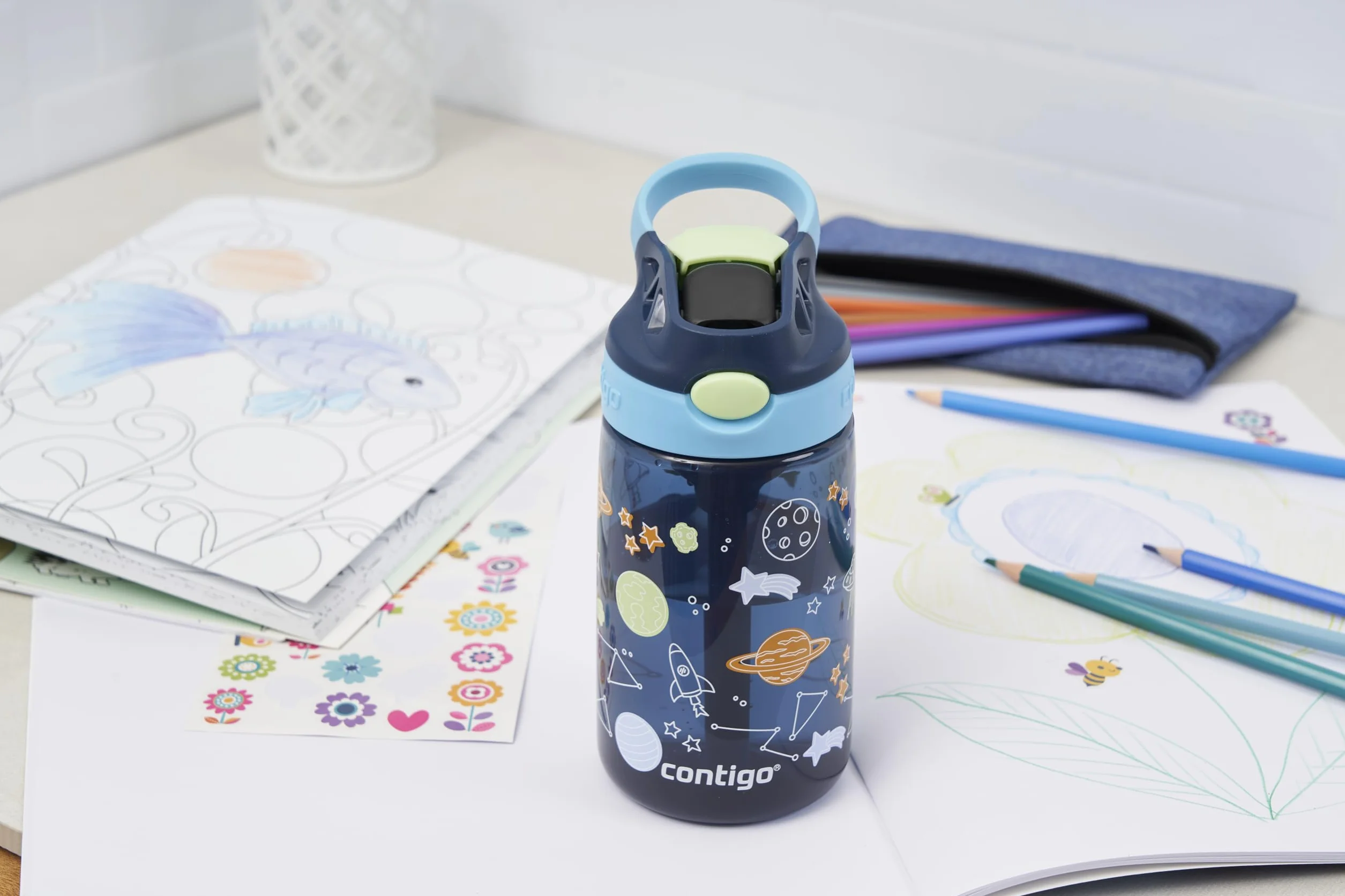Contigo Easy Clean Autospout butelka dla dzieci, ze słomką, bez BPA, wytrzymała, 100% szczelna, łatwa do czyszczenia, idealna do przedszkola, szkoły, 420 ml, Blueberry Cosmos