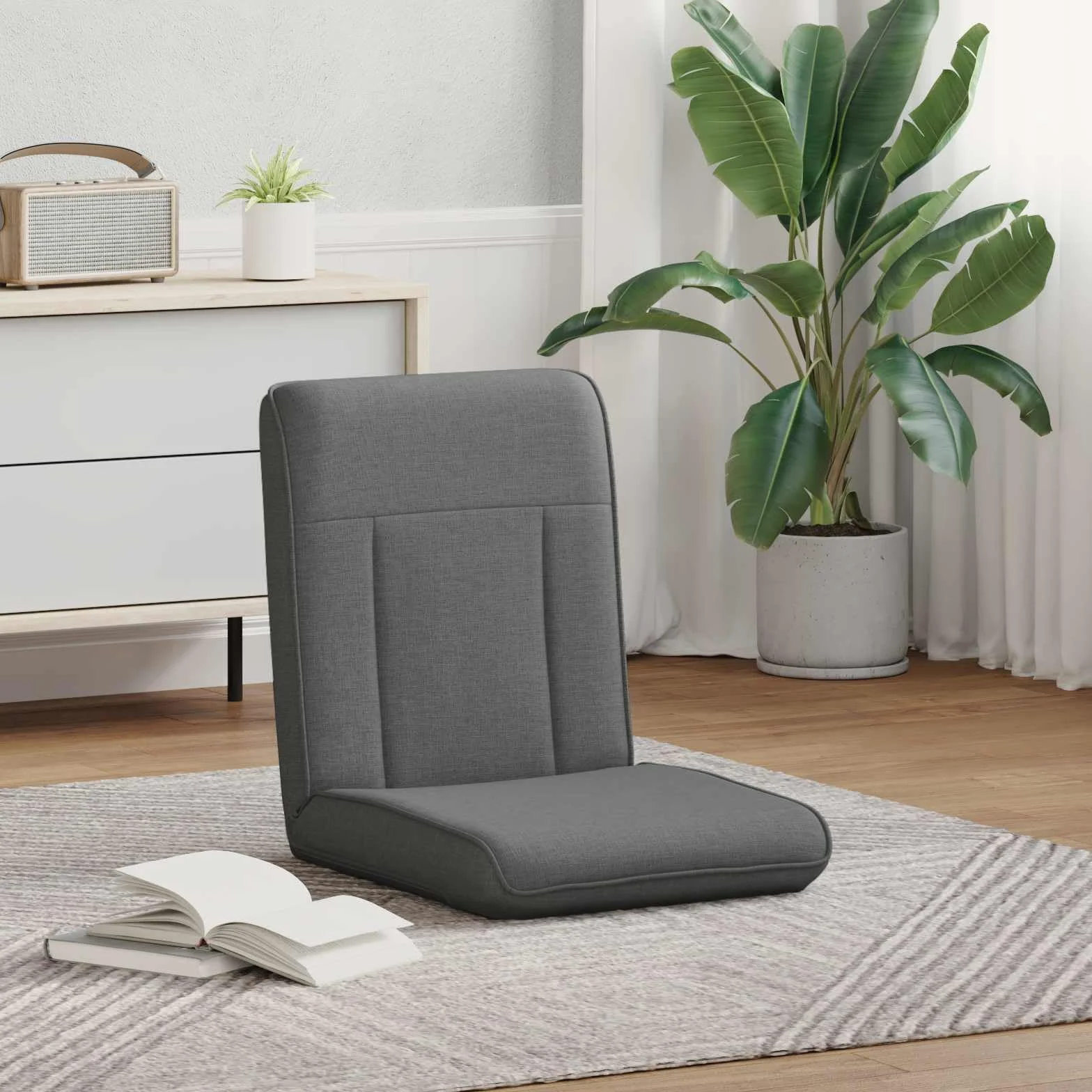Krzesło podłogowe, ciemnoszare, materiałowe, 50 x 73 x 60 cm, składane, regulowane, z wyściełanym oparciem, ergonomiczne, do salonu, gier, jogi, czytania i biura