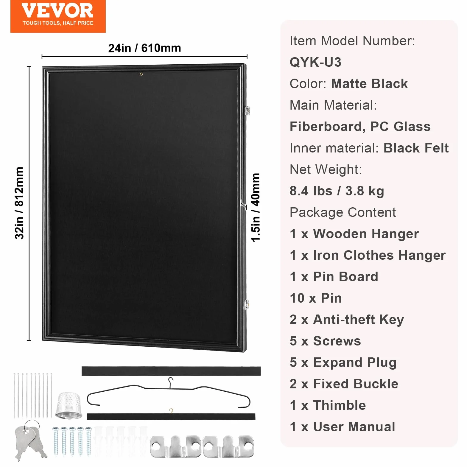 VEVOR 61 x 81 x 3,8 cm, duże zamykane pudełko na cień z 98% ochroną przed promieniowaniem UV, szkło PC i wieszaki, do baseballu, koszykówki, piłki nożnej, hokeja, koszuli i munduru, czarne, 61 x 81,2