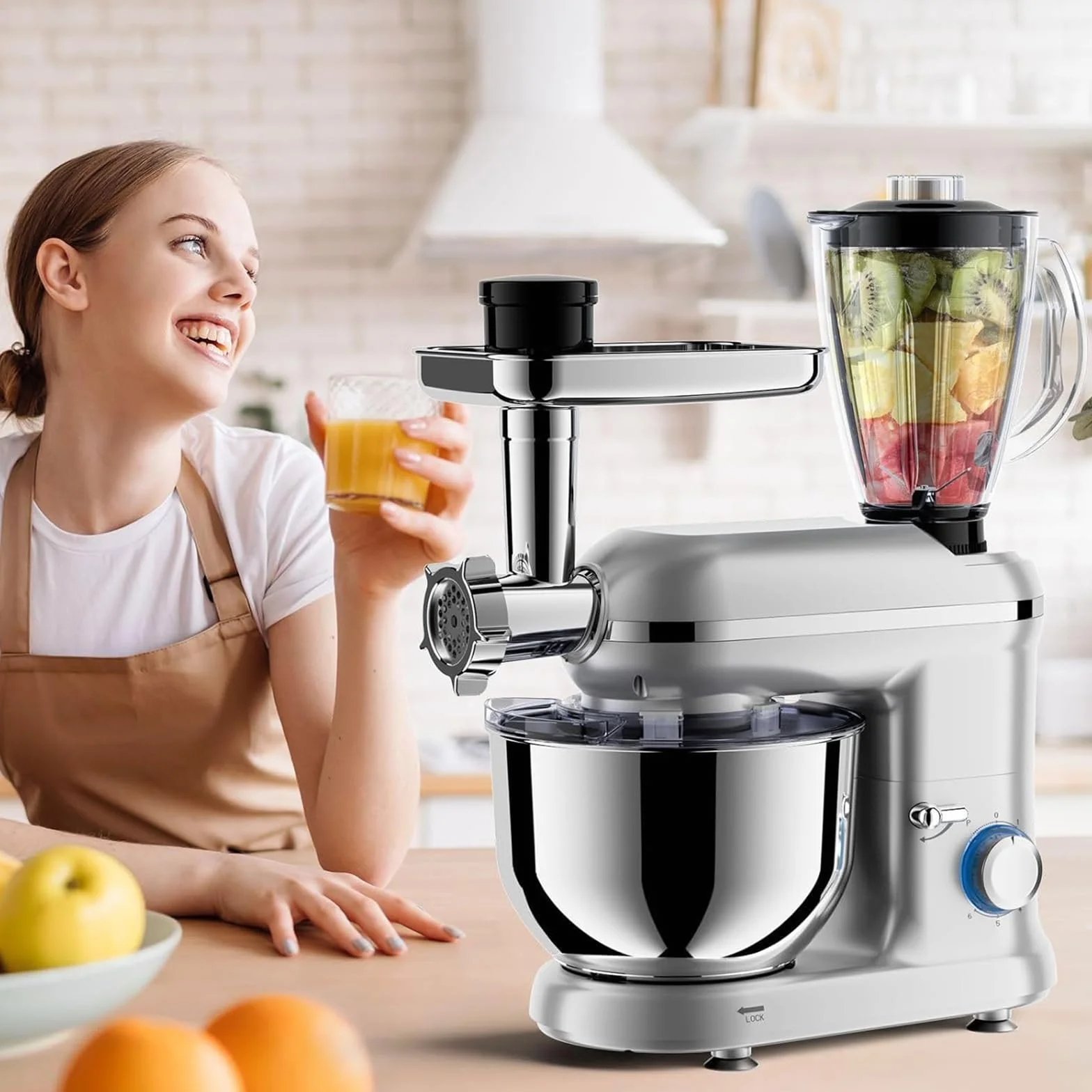 Mikser stojący 5,5 l, robot kuchenny, łatwa wymiana nasadek + funkcje mieszania, z miską, 6-stopniowa regulacja prędkości, z hakiem do ciasta + trzepaczką + mieszadłem,do pieczenia,A