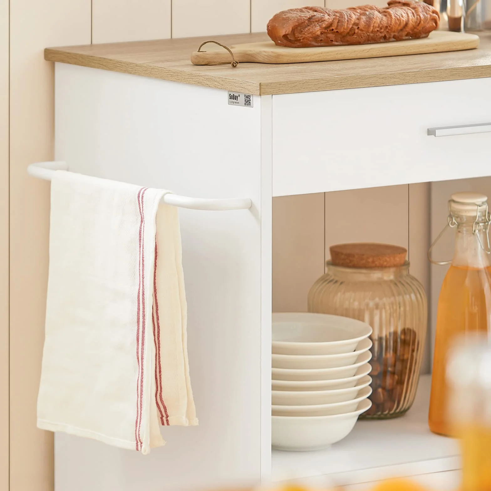 SoBuy FKW113-WN Wyspa kuchenna Stolik Barek Kuchenny Wózek Barek Mikrofalową na Kółkach Szafka Mobilna Kredens (Biały)