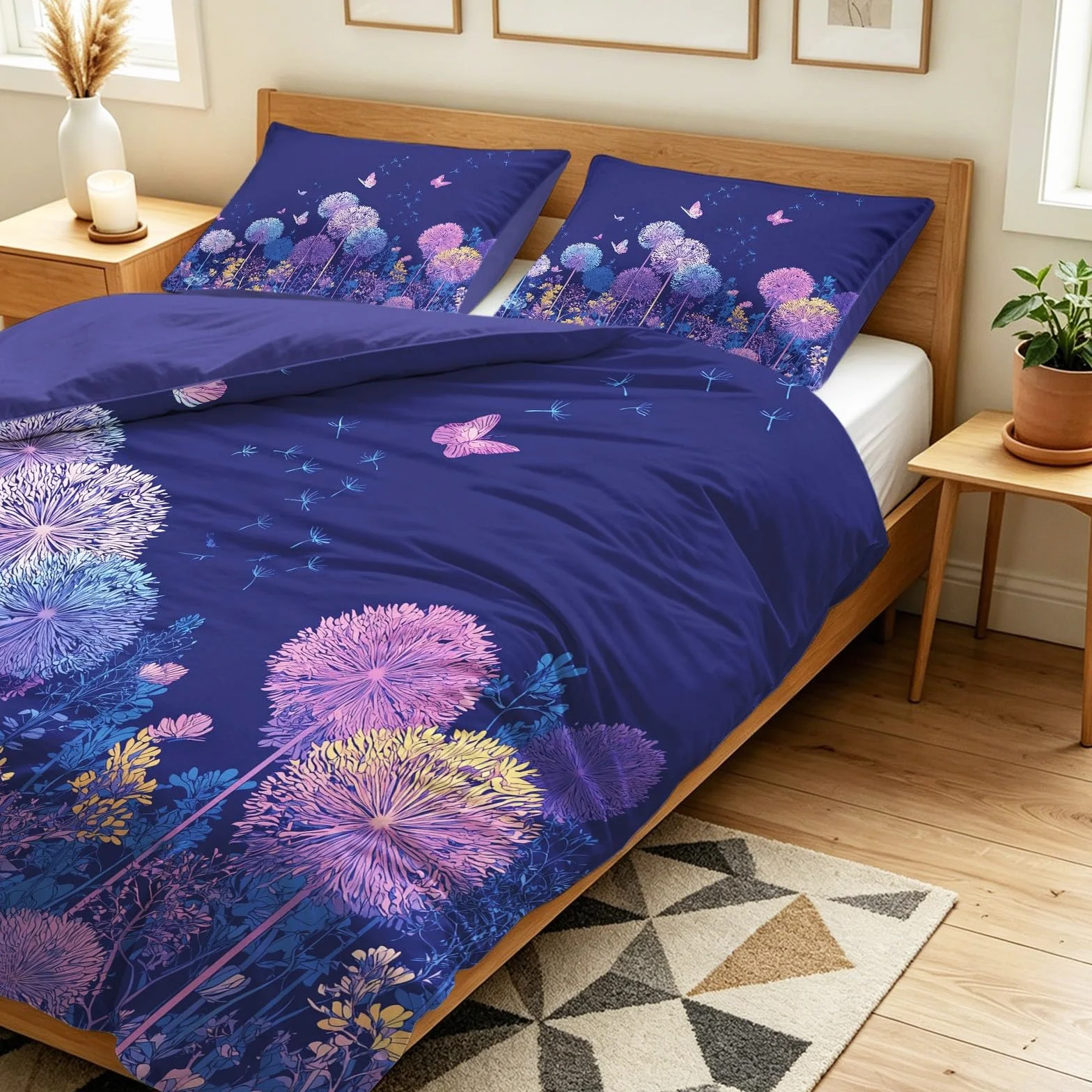Generisch Elegancka pościel z dmuchawca 200 x 200 cm, 3-częściowy zestaw pościeli – bajecznie romantyczna pościel z mikrofibry, z 2 poszewkami na poduszki, fioletowa
