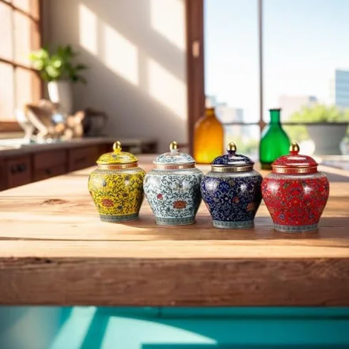 Chinoiserie niebieski słoik imbirowy - porcelanowy dekoracyjny słoik do przechowywania z pokrywką na herbatę suszone owoce płatki śniadaniowe - elegancki niebieski jezioro ceramiczny akcent do