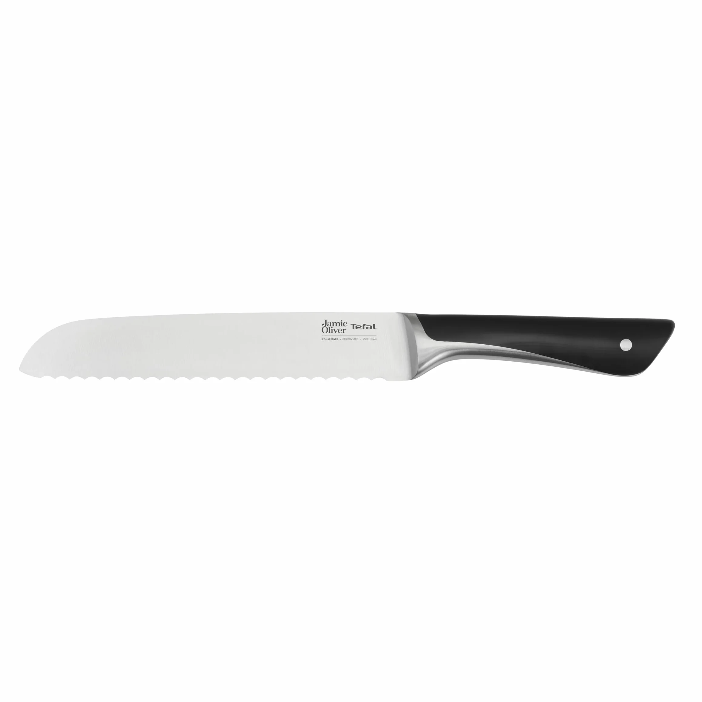 Jamie Oliver by Tefal K26703 nóż do chleba, 20 cm, wysoka wydajność cięcia, niepowtarzalny design, wytrzymałe i trwałe ostrza, stal nierdzewna/czarny