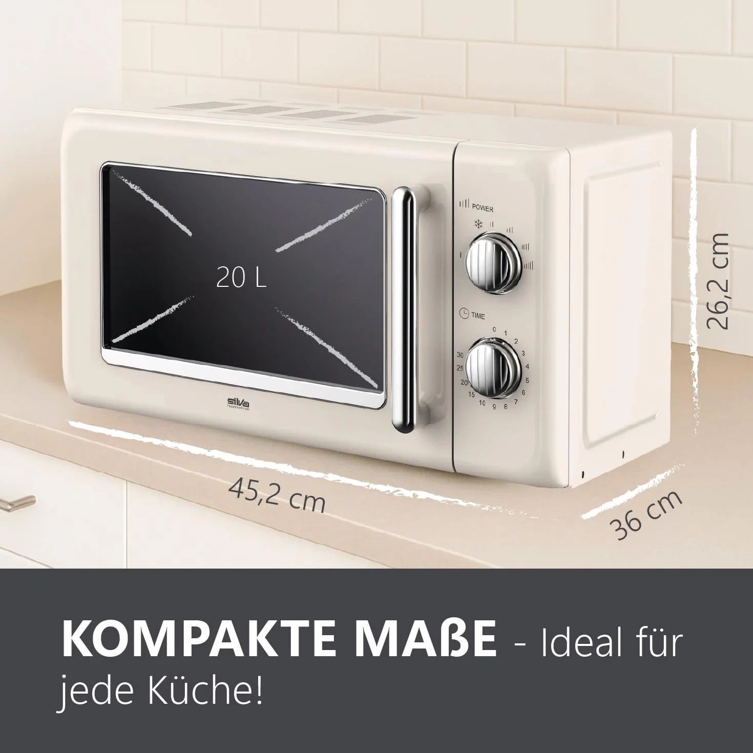 Silva Schneider MW-R 25.3 Retro kuchenka mikrofalowa 20 l, 700 W, 6 poziomów mocy, timer, chromowane przyciski i uchwyt, sygnał końcowy – kolor beżowy