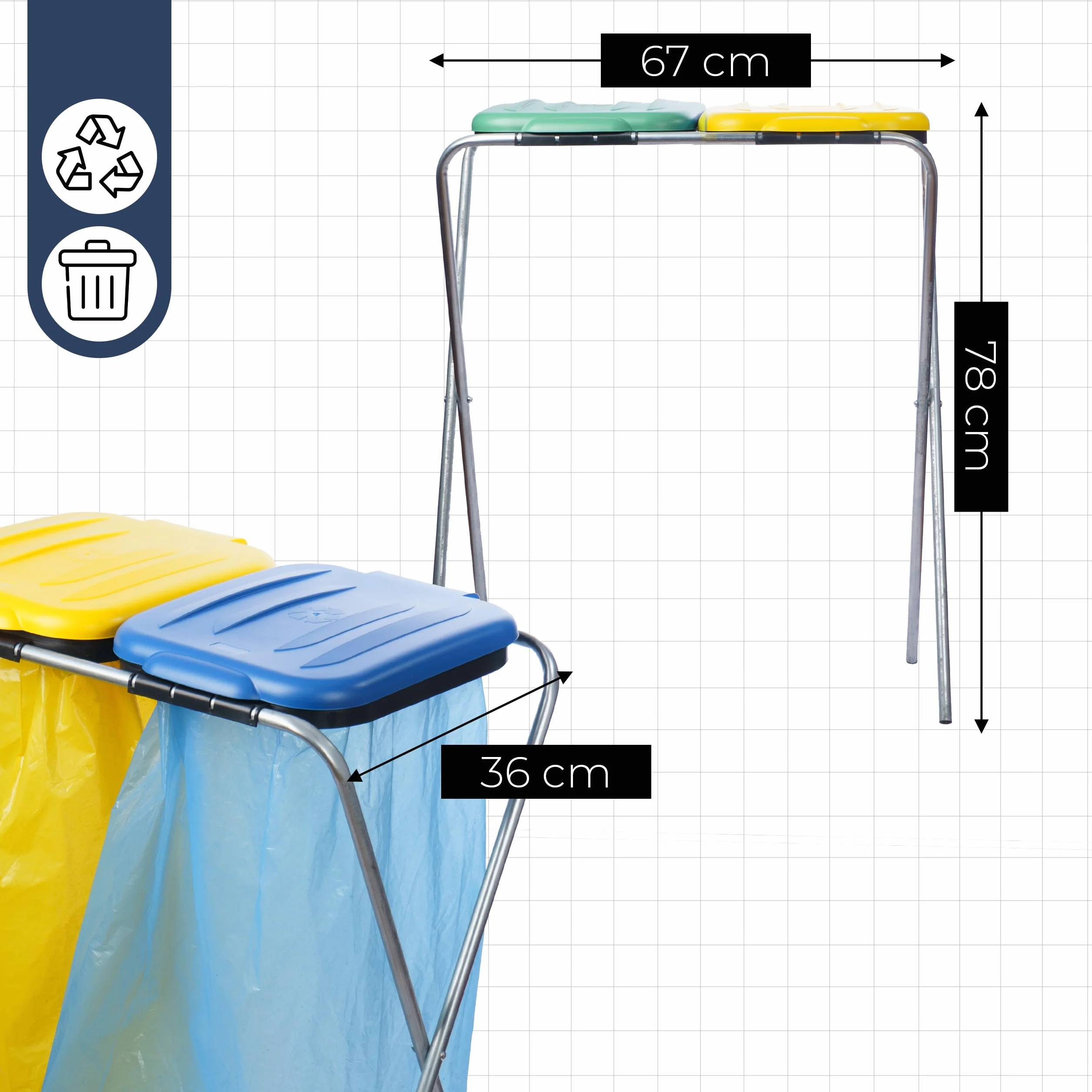 Stojak na worki do segregacji śmieci 2 stanowiska 120L ocynkowana stal z pokrywą 60x40x70 cm