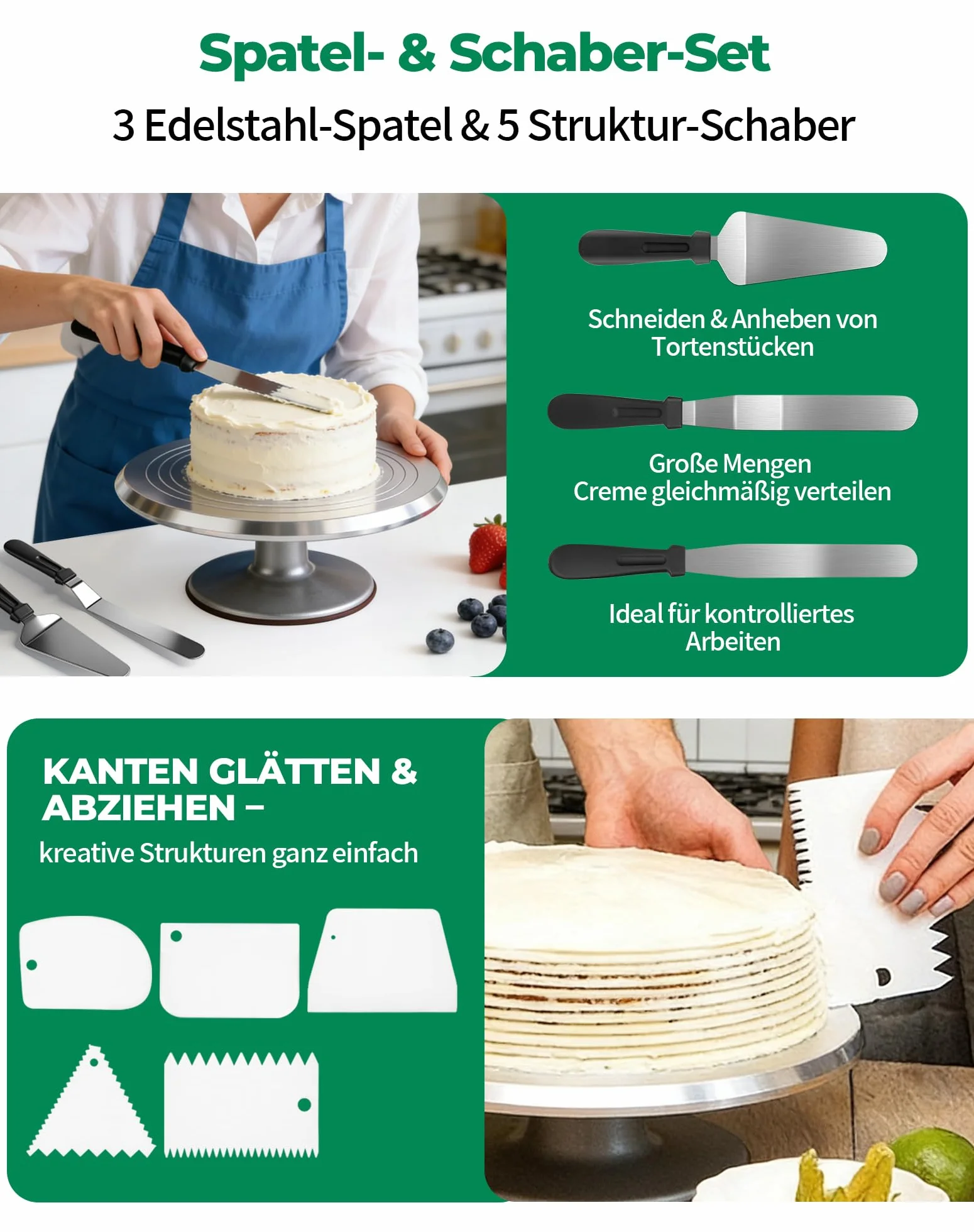 LAOYE Obrotowa Patera do Tortu z Aluminium 30 cm, Talerz Obrotowy do Dekoracji Tortów, Stojak Obrotowy, Zestaw z 5 Skrobakami i 3 Szpatułkami do Pieczenia i Dekoracji
