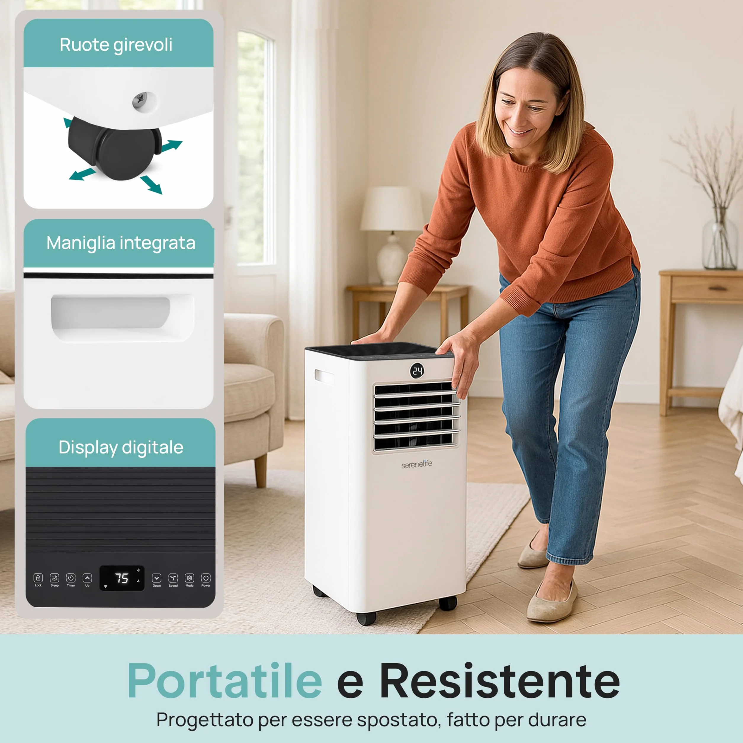 SereneLife przenośna klimatyzacja i ogrzewanie – mobilny klimatyzator 9000 BTU z zestawem okiennym, cicha praca, 3 tryby, 12-godzinny timer, funkcja Wi-Fi, do domu i biura