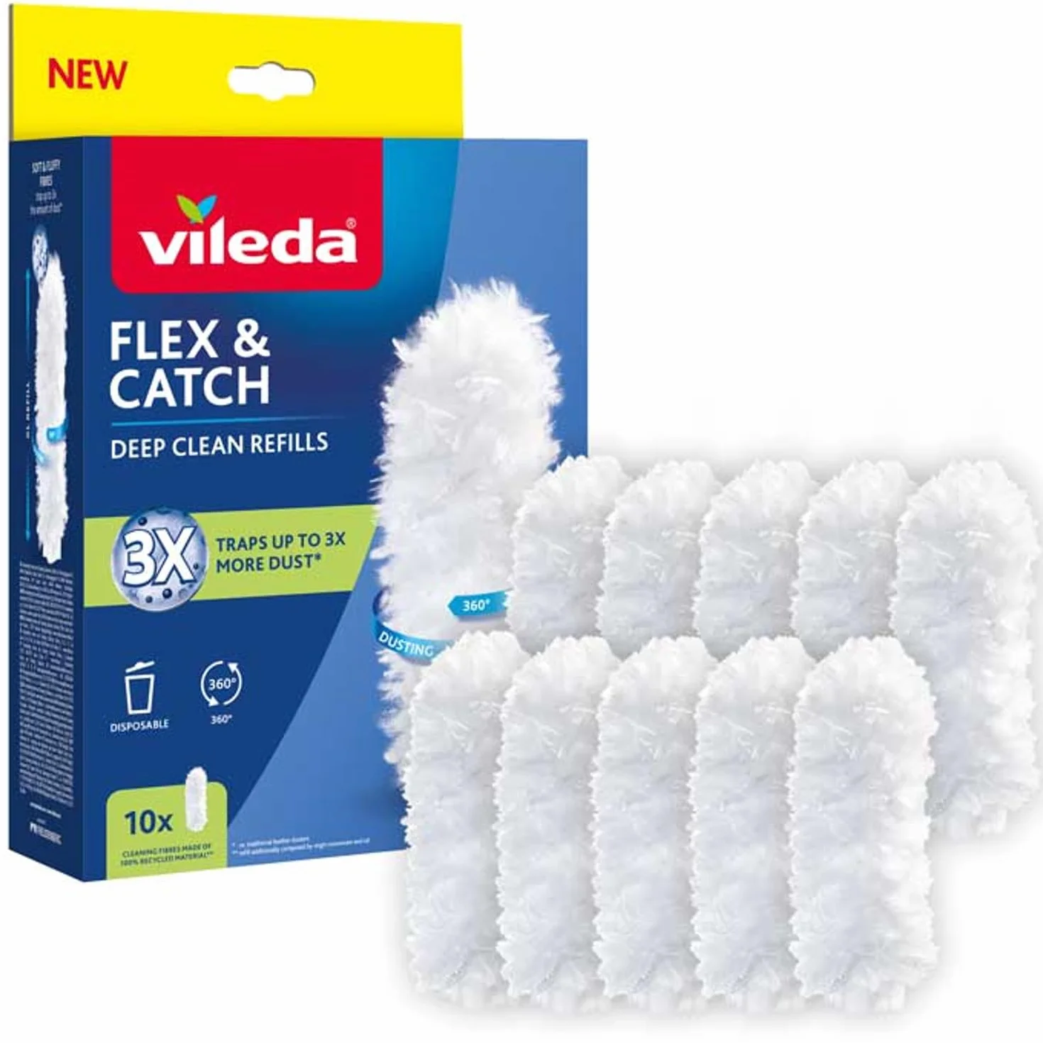 Vileda Flex & Catch wkłady – zestaw 10 wkładów do pędzla, konstrukcja z włókna 360°, technologia blokady kurzu, materiał z recyklingu, biały