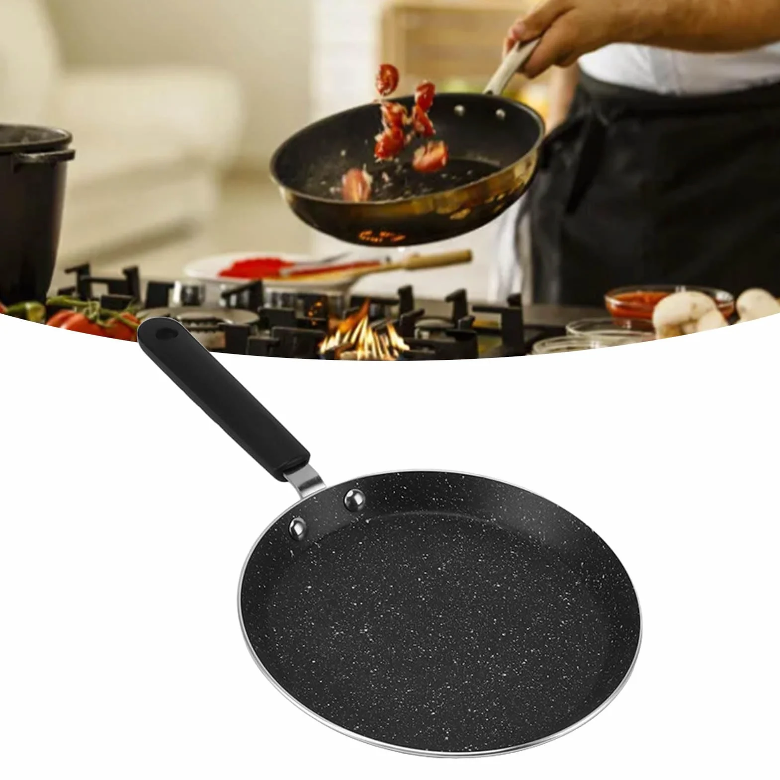 Tissting Patelnia do naleśników, 15 cm, 20 cm, stop aluminium, nieprzywierająca patelnia Dosa z plastikowym uchwytem, okrągła płaska patelnia do kuchenki indukcyjnej, kuchenki gazowej (20 cm)
