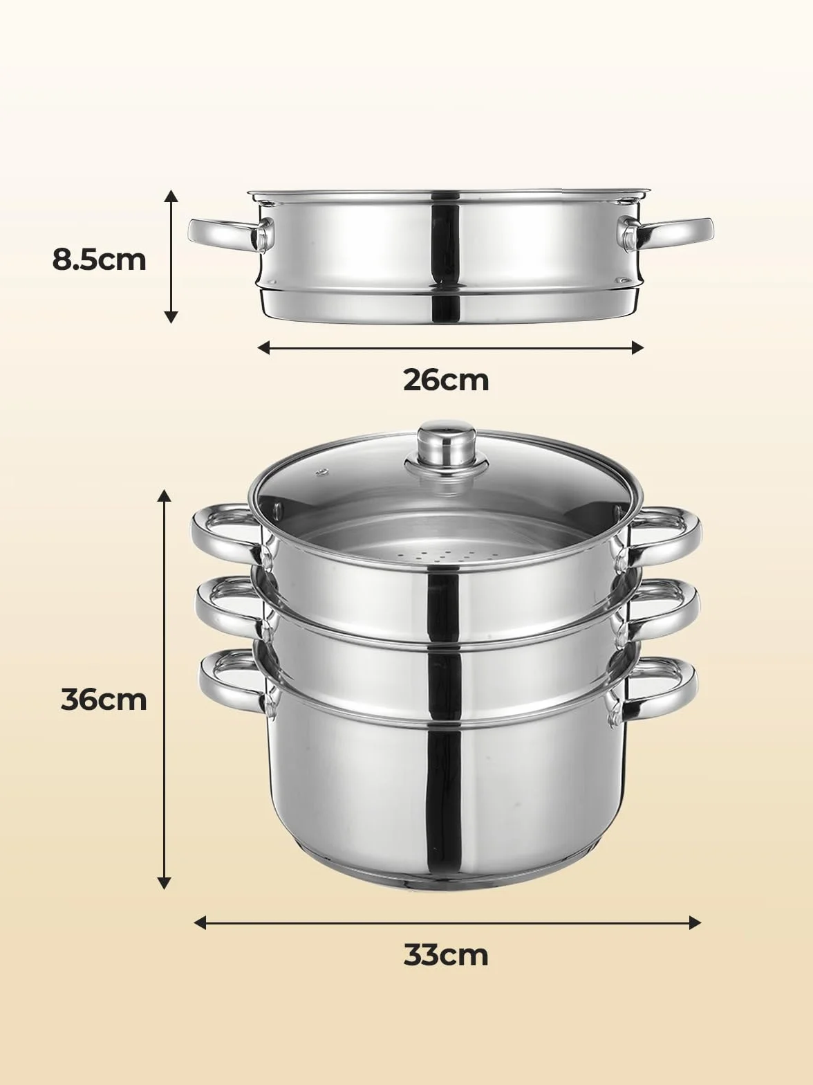 Parowar, garnek indukcyjny, 3-piętrowy parowar 26 cm, zestaw ze stali nierdzewnej 18/10, garnek parowy można układać w stos