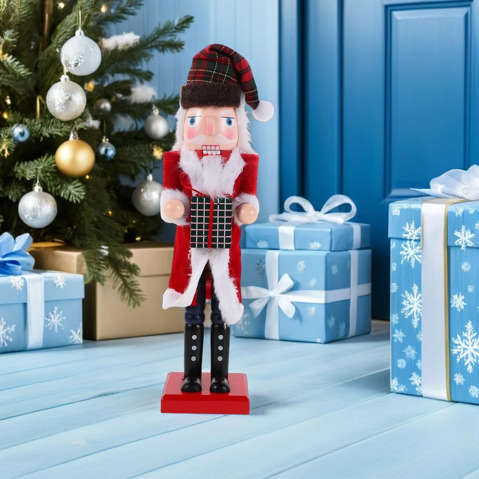 Toyvian Drewniana Figurka Dziadka Do Orzechów z Podstawką Ręcznie Malowany Żołnierz Nutcracker Dekoracja Świąteczna Stół i Półkę Trwały i Ornament Bożonarodzeniowy