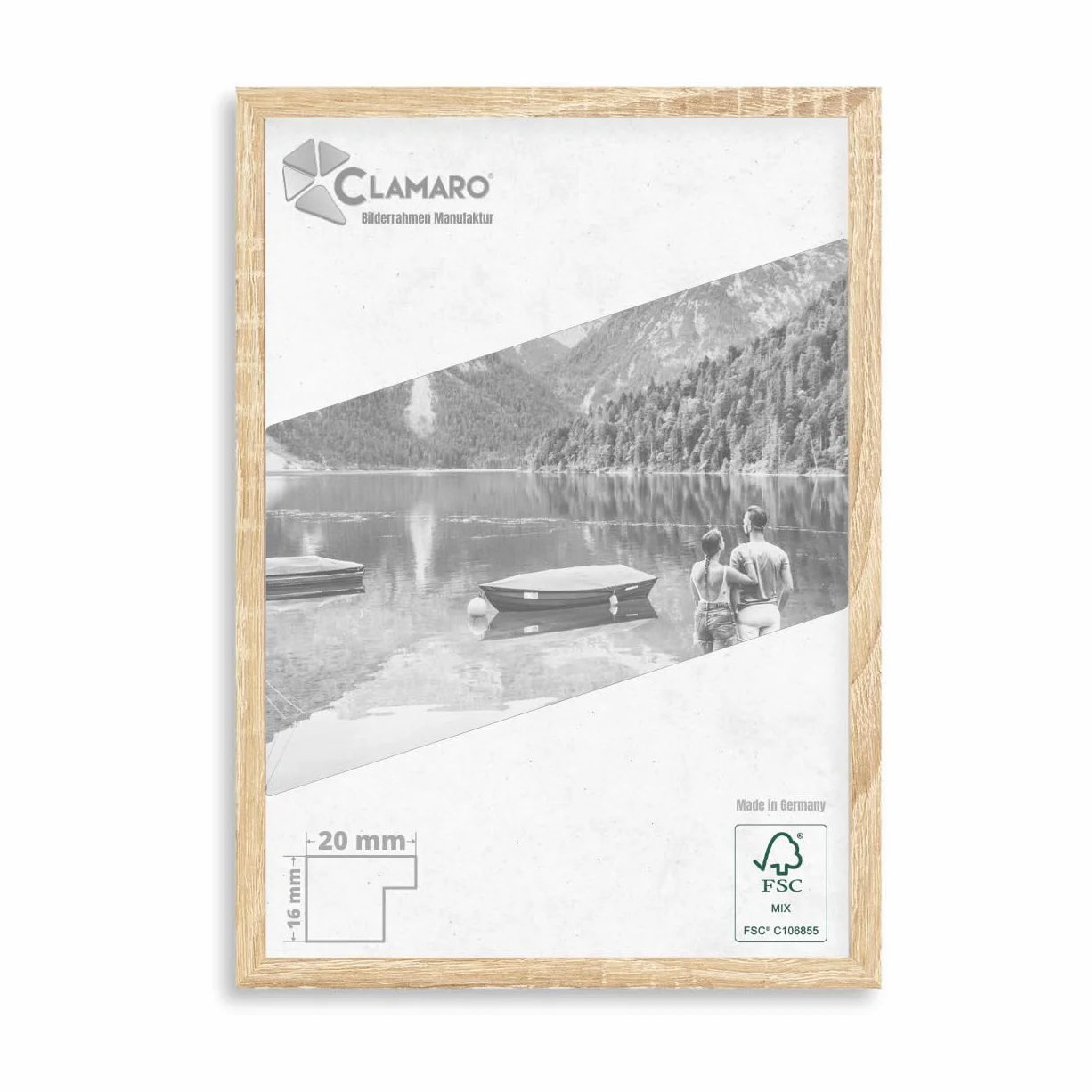 CLAMARO "COLLAGE 20" ramka na zdjęcia 85x120 wykonana na miarę ręcznie | dąb sonoma | nowoczesna, 20 mm szeroka, elegancka konstrukcja ramki z MDF, drewno w kolorze dębu, łącznie z szkłem akrylowym