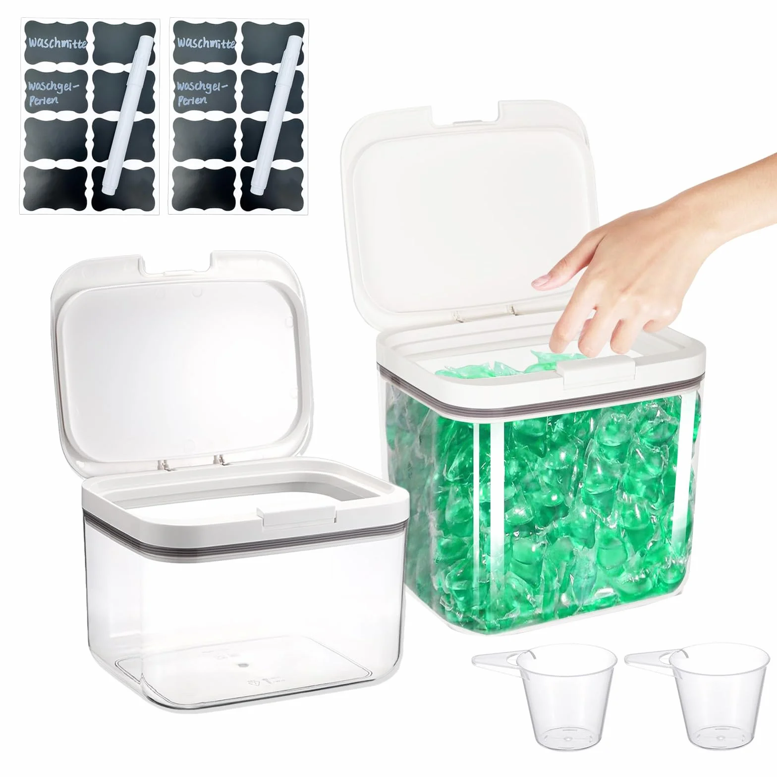 Przechowywanie środków piorących, 2,8 l + 4,5 l, pudełko do przechowywania z pokrywką, pojemnik na proszek do prania z hermetyczną pokrywką, przezroczysty pojemnik na detergent PET z łyżeczką