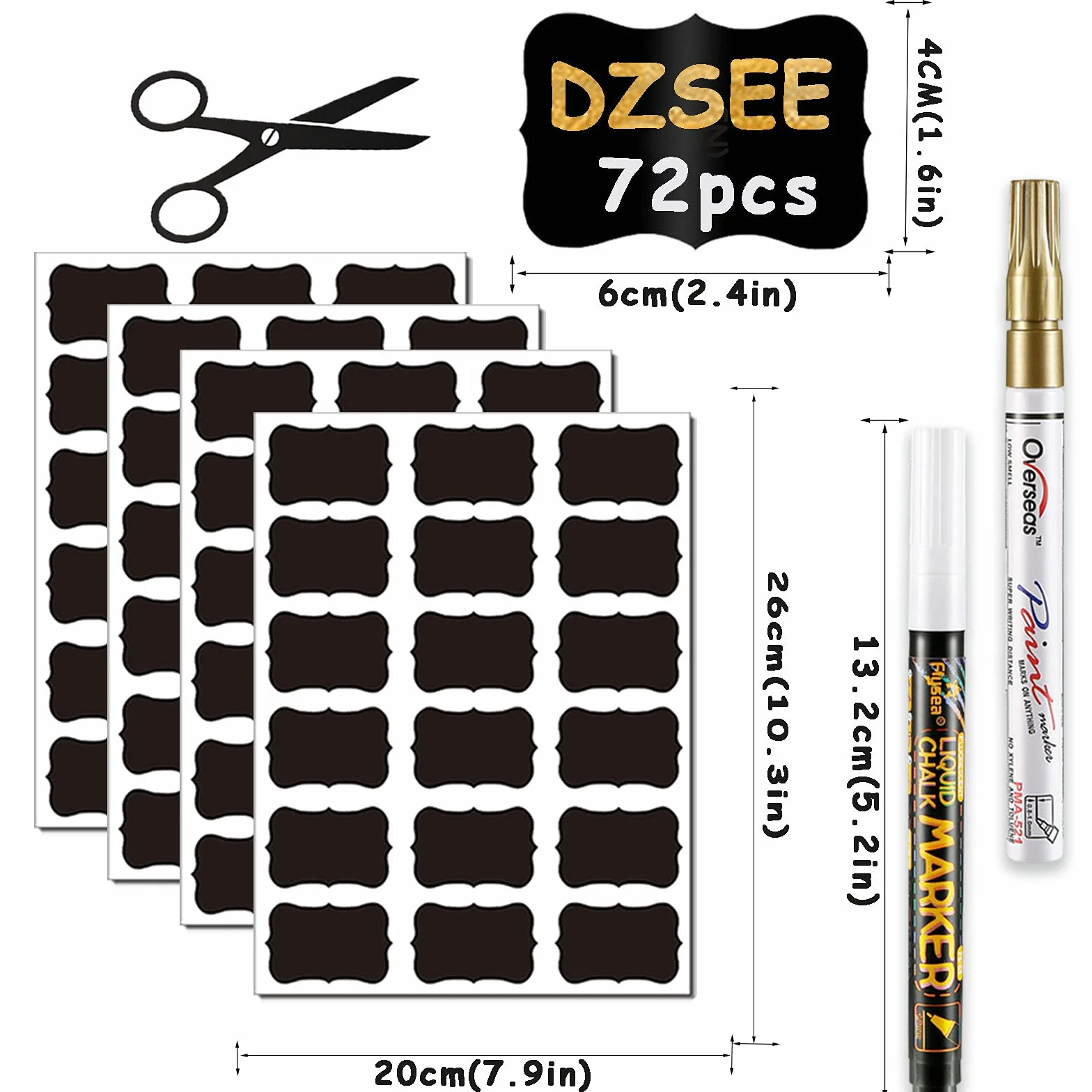 Naklejki Na Tablicę Kredową, DZSEE® Wodoodporne Etykiety Samoprzylepne, Czarne Naklejki do Etykietowania, Etykiety do Kuchni, Słoików I Butelek | Kwiatowy| 72+2 pióra