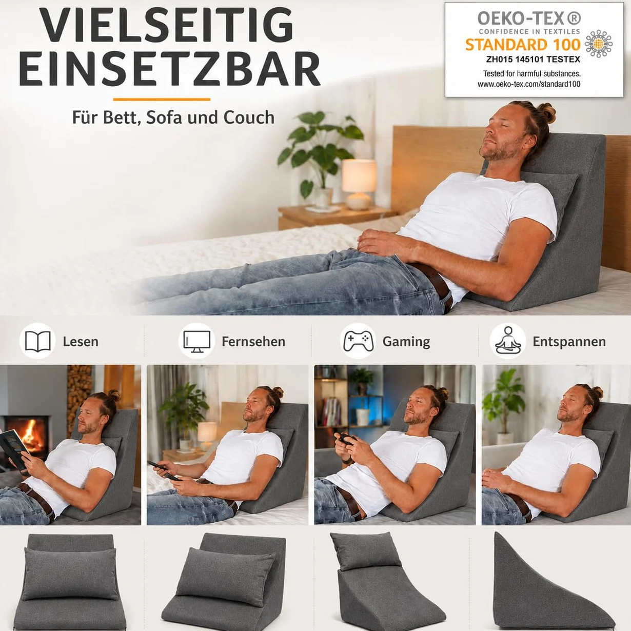 Zestaw Poduszek do Czytania do łóżka i na Sofę - Ergonomicznie Ukształtowana Poduszka Klinowa plus Przytulna Poduszka na Sofę do Czytania, Oglądania Telewizji i Relaksu (ciemnoszary)