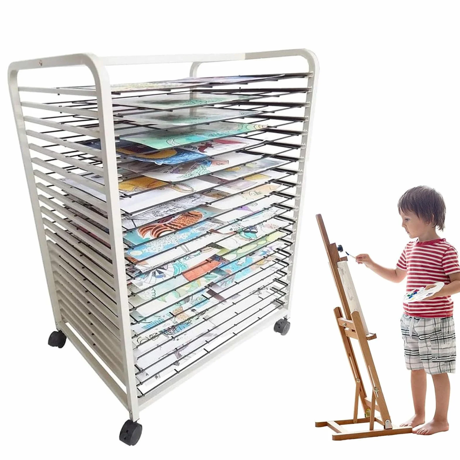 Stojak do suszenia artystycznego na kółkach, 20 regulowanych warstw do oszczędzania miejsca w klasie i studiu, idealny dla artystów i rzemieślników, przenośne materiały plastyczne