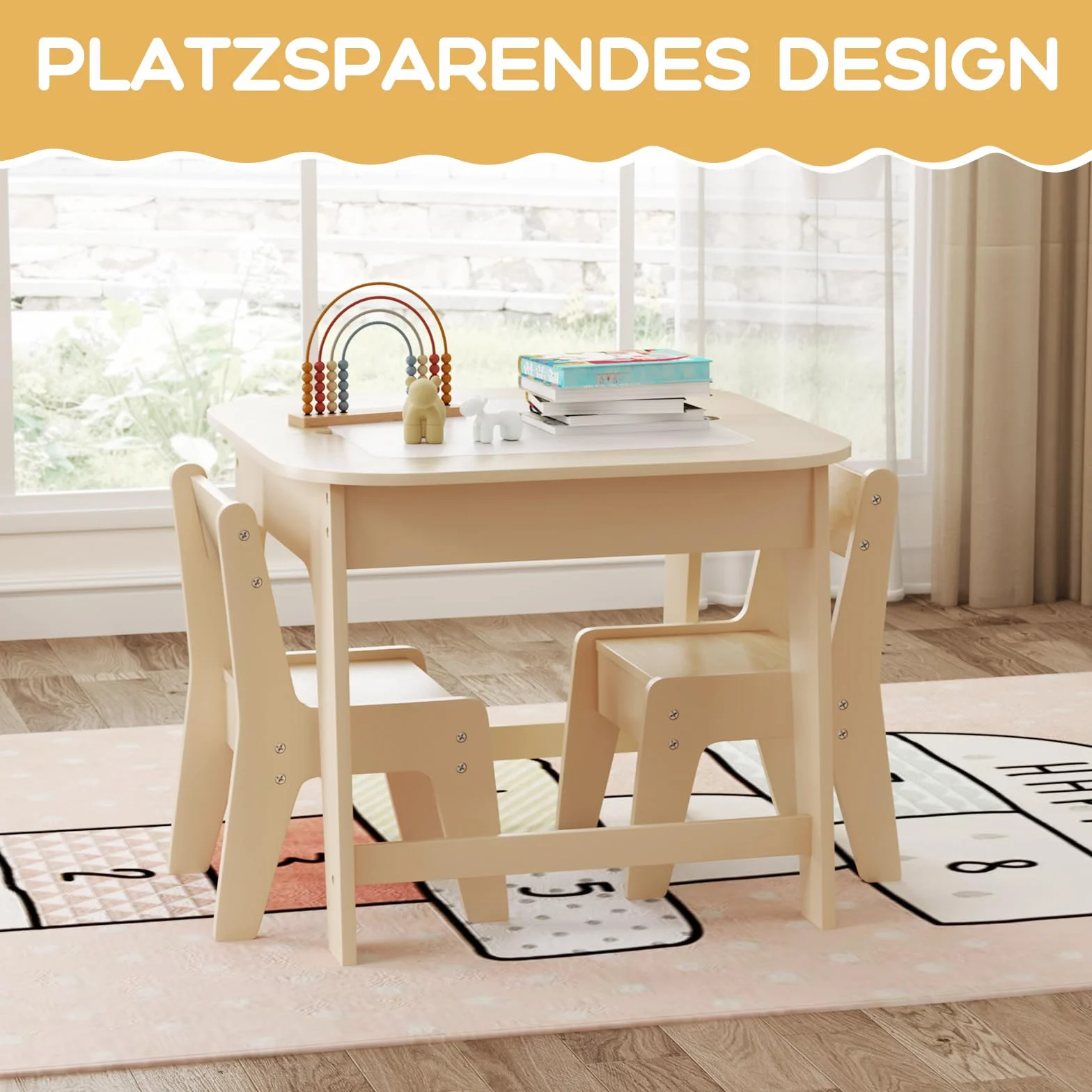 COSTWAY Stolik dziecięcy z 2 krzesłami, 3 TLG zestaw do siedzenia dla dzieci, drewniany z dwustronnym blatem, stół kreślarski 3 w 1, stół do majsterkowania i stół do ćwiczeń z miejscem do