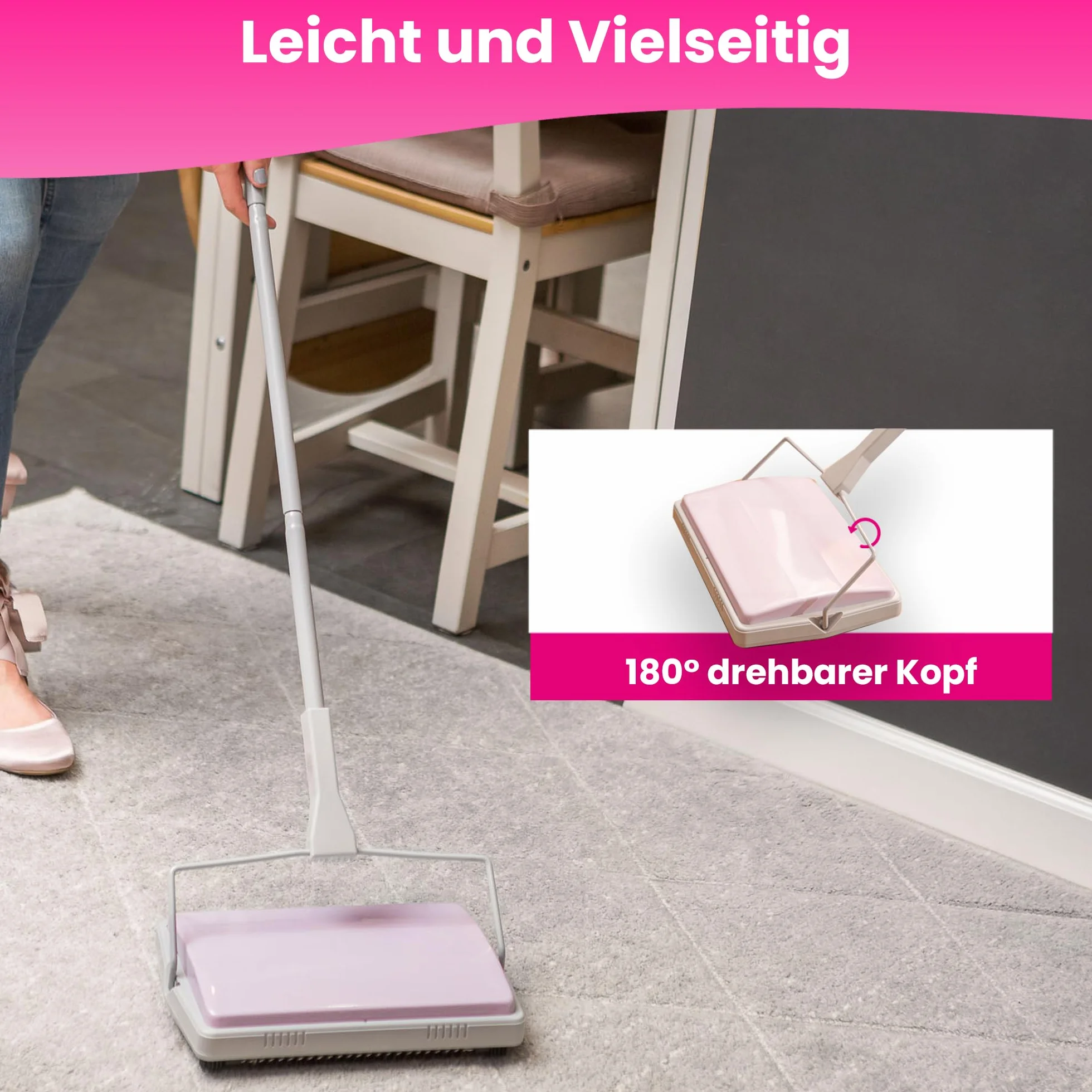 York Zamiatarka ręczna Miotła do zbierania zabrudzeń Sweep Manual Sweeper Mop do dywanów na czterech kołach szaro-różowy