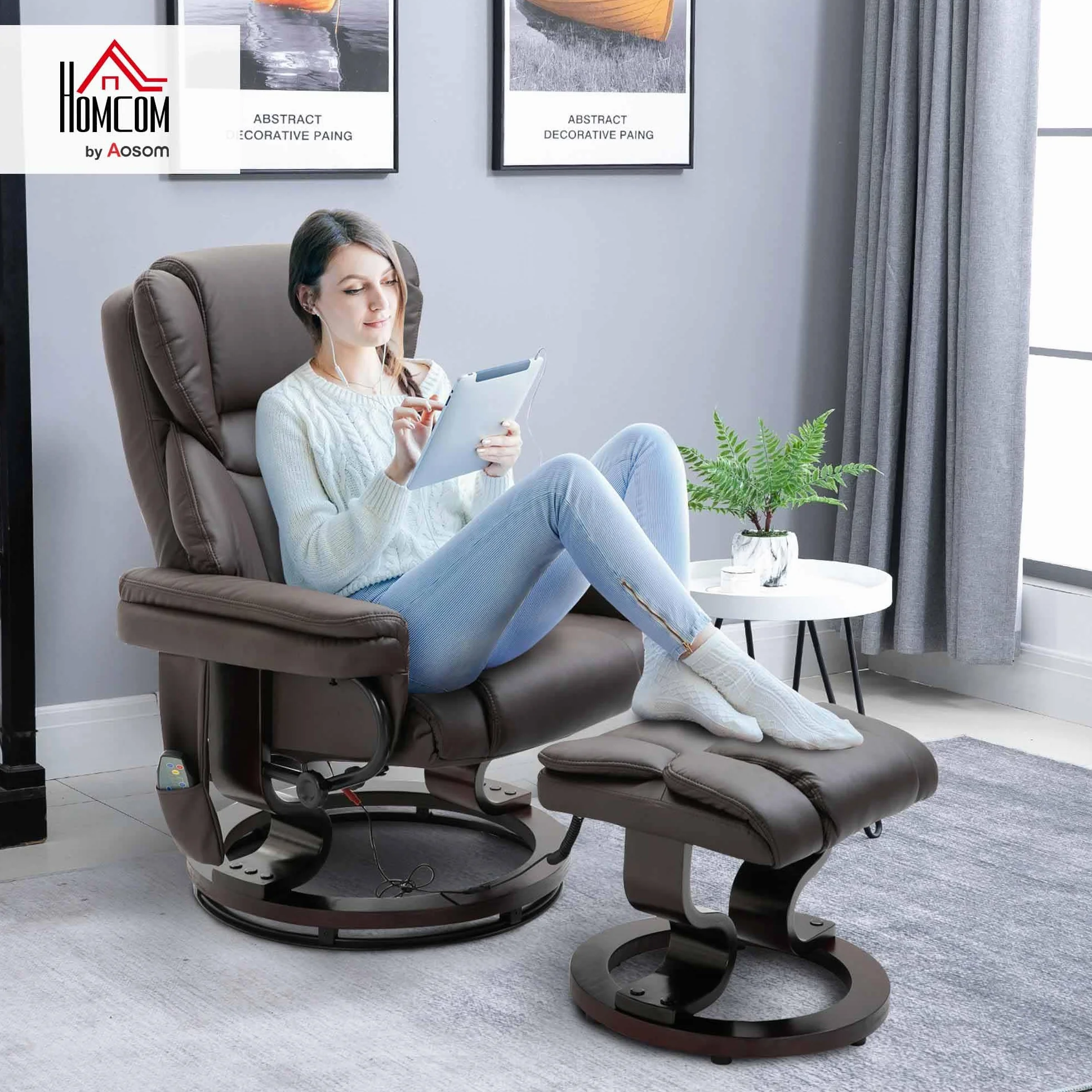 HOMCOM fotel do masażu z pufą fotel relaksacyjny nachylenie 145° sztuczna skóra kolor brązowy 79 x 82 x 101 cm