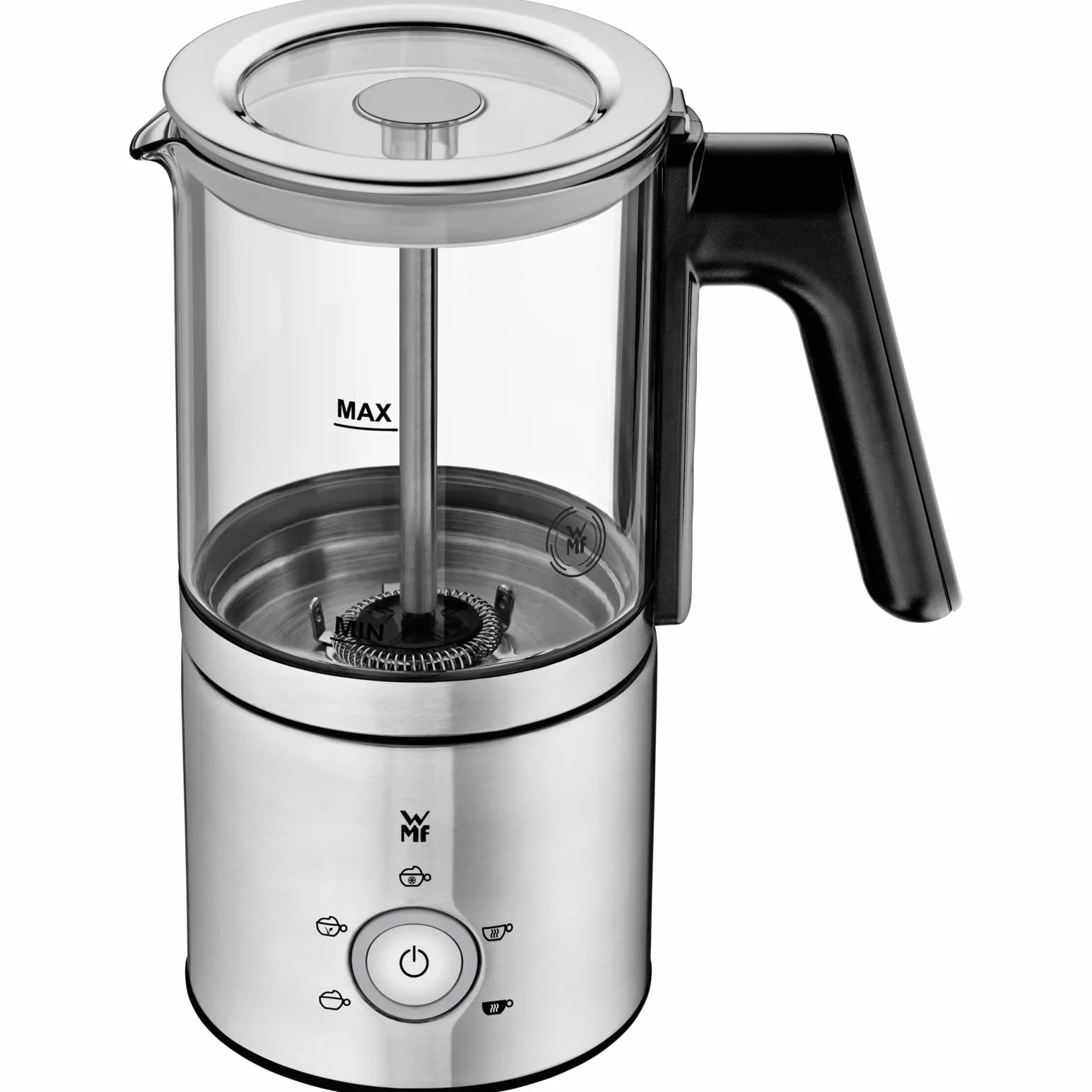 WMF Lono szklany spieniacz do mleka, elektryczny, 150-250 ml, 650 W, mikser Frappe Mixer, ekran dotykowy, do spieniania mleka na gorąco i zimno, gorące mleko, podgrzewacz do mleka, ekspres do kakao,
