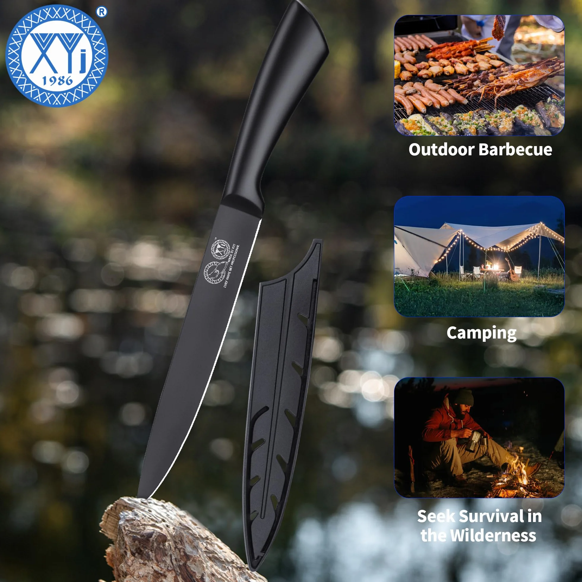 XYJ Kitchen Knife,8 Inch Black Stainless Steel Brisket Knife,Professional Chef Knife,Carving Boning Meat Cleaver BBQ Knife with Ergonomic Handle,Plastic Sheath