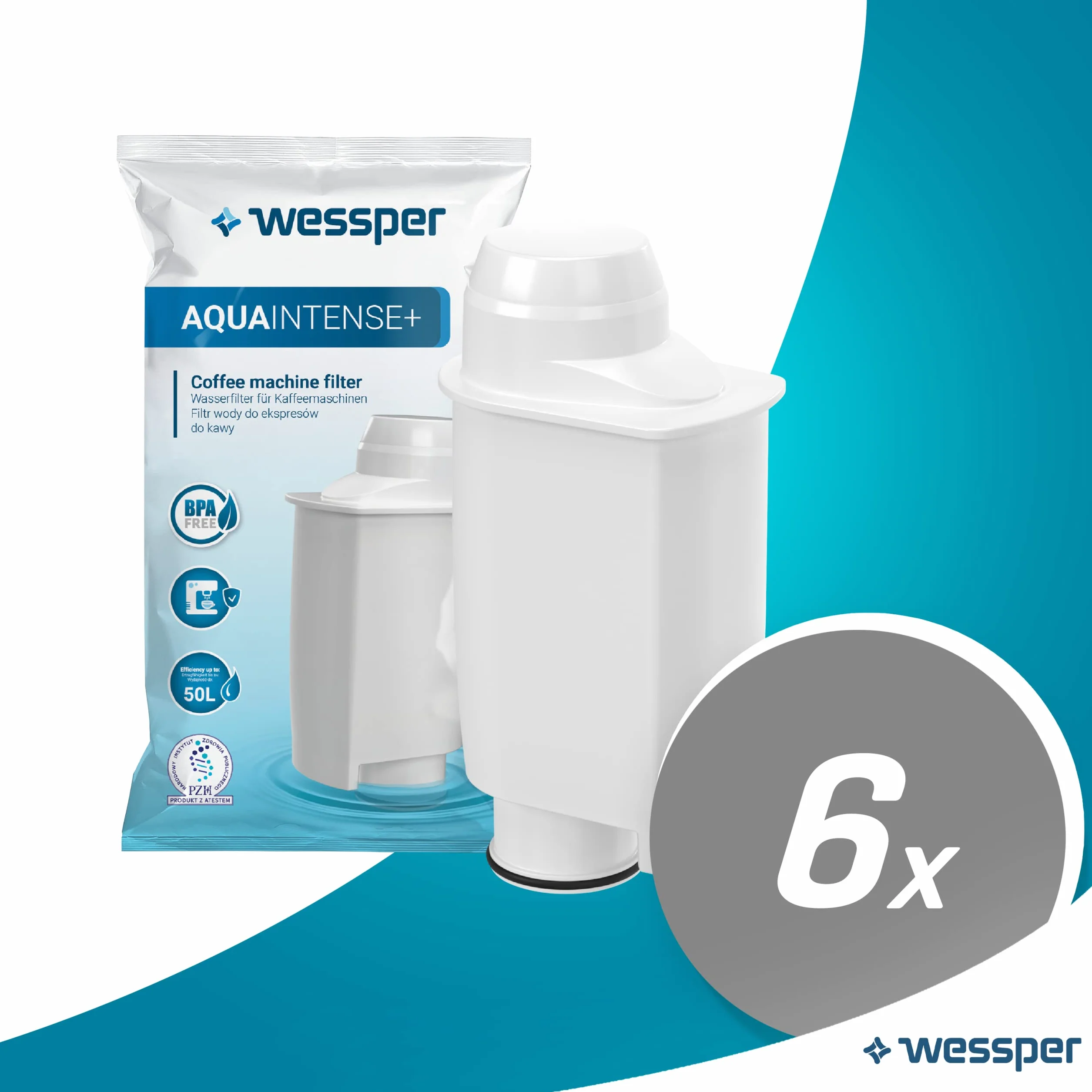 Wessper AQUAINTENSE+ filtr do wody do ekspresów do kawy, zamiennik do Saeco CA6702/00, Brita Intenza+, Philips, pasuje do ekspresów do espresso 6 sztuk