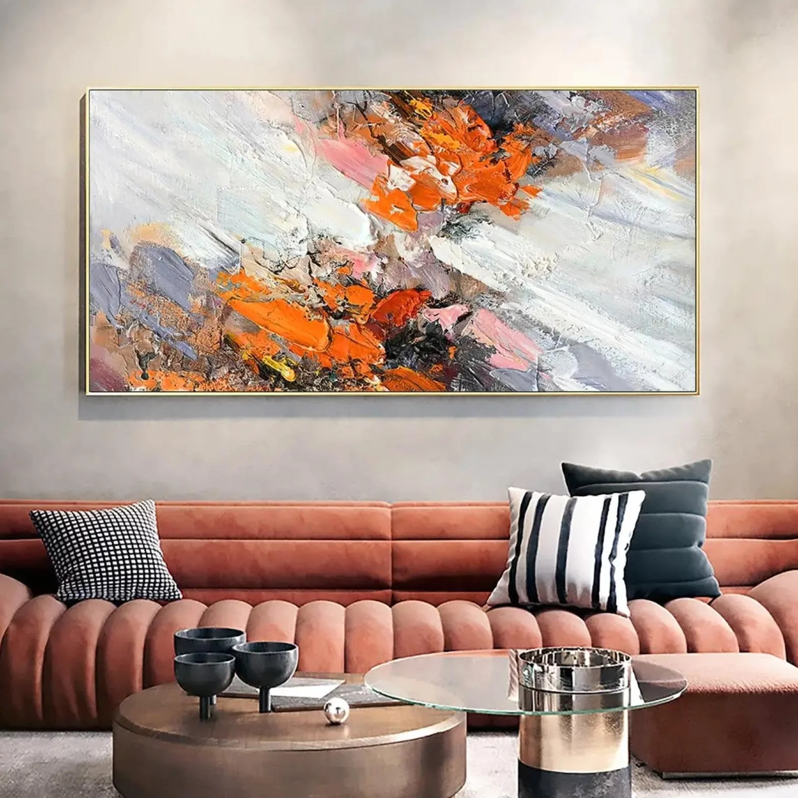 YAJNILUCK Obraz olejny na płótnie abstrakcyjny teksturowany 70 x 140 cm dekoracja ścienna