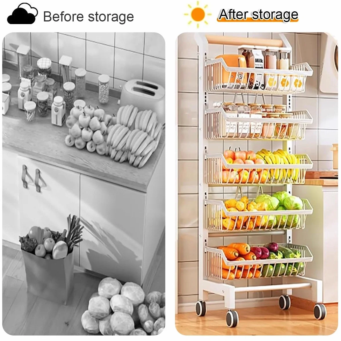 Display Rack,4-Tier Rolling Storage Cart With Wheels,Adjustable Metal Fruit & Vegetable Basket Organizer With Wood Handle,Mesh Wire Utility Rack For Kitchen,Food Sto(Black,5 Tier)