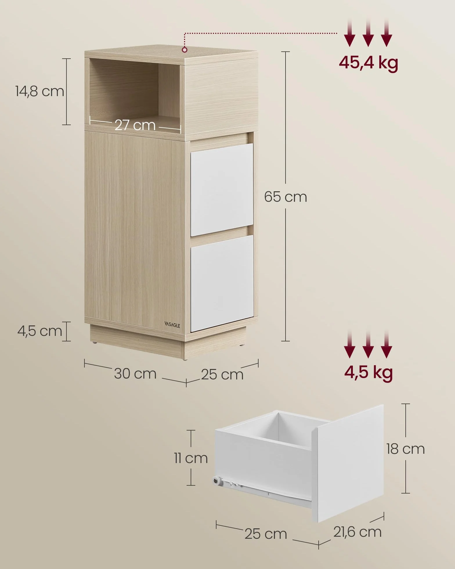 VASAGLE Kolekcja Kailyn - Wąski stolik nocny, zestaw 2 sztuk, stolik pomocniczy, 2 szuflady i otwarta komora, montaż po lewej lub prawej stronie, sypialnia, salon, naturalny beżowy i biała chmura