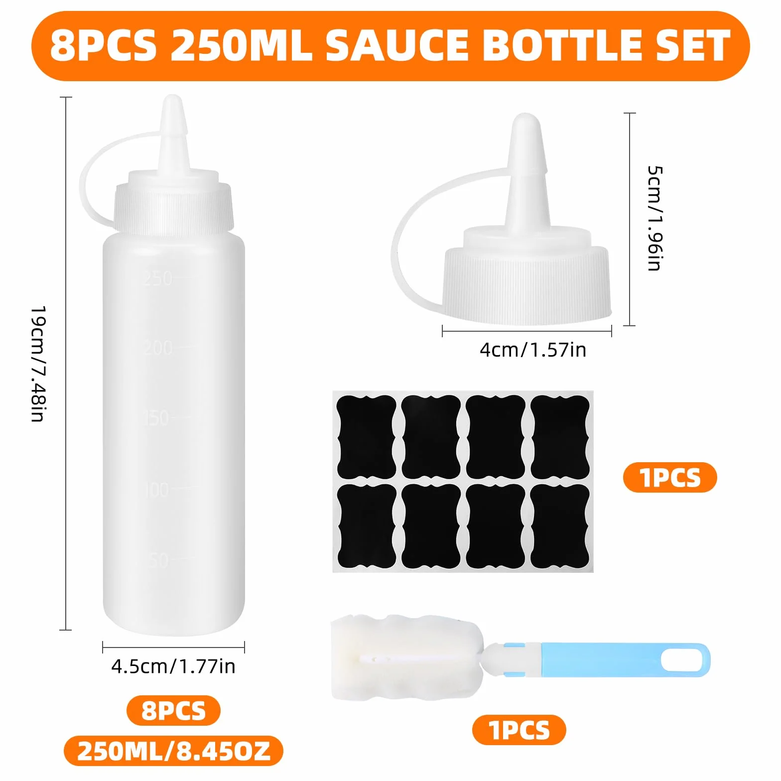 Butelka do wyciskania 250 ml, butelka do wyciskania z naklejkami i szczotką, butelki do wycieku, przezroczysta butelka na sos ze skalą, butelki na olej do przypraw keczupu, pieczenia i dressingów